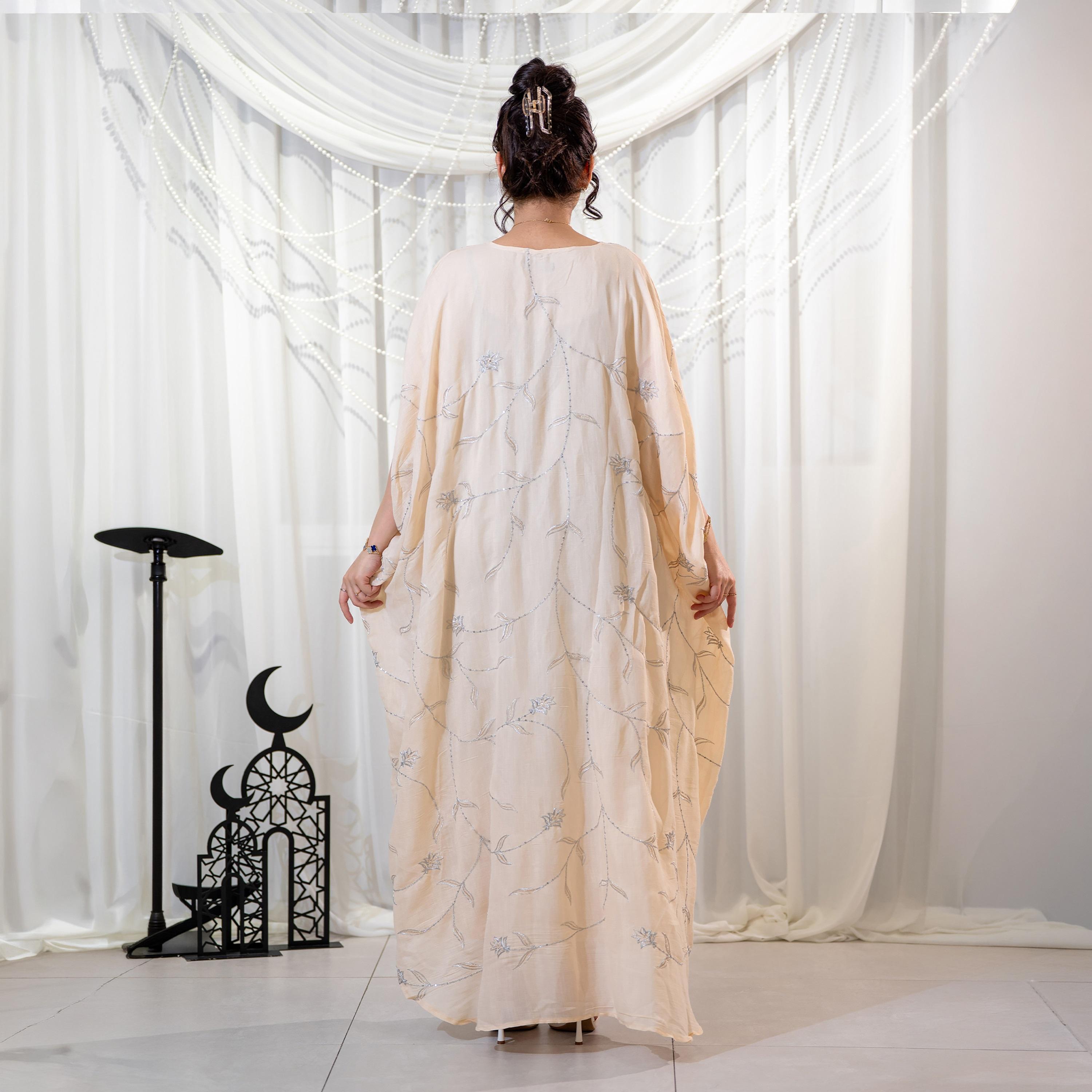 Zahiyh Beige Embroidered Square Neck Women's Evening Butterfly Jalabiya-women-arabicclothing-jalabiyas-image-5