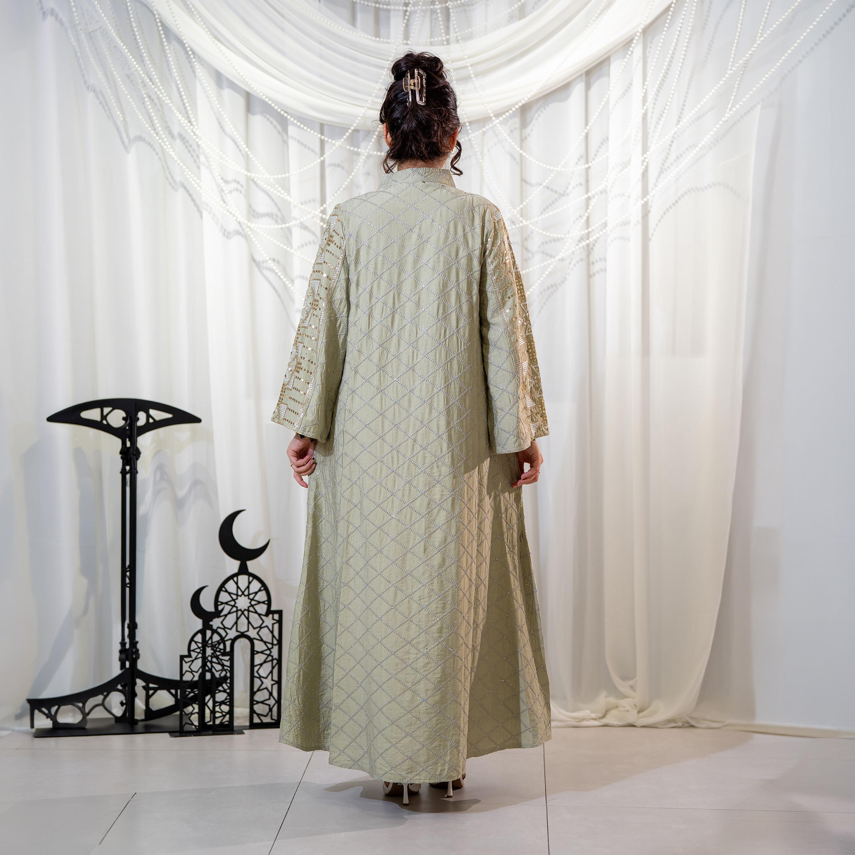 جلابية سهرة نسائية بياقة ماندارين وتطريز وترتر وأكمام واسعة - أخضر من زاهية-women-arabicclothing-jalabiyas-image-5