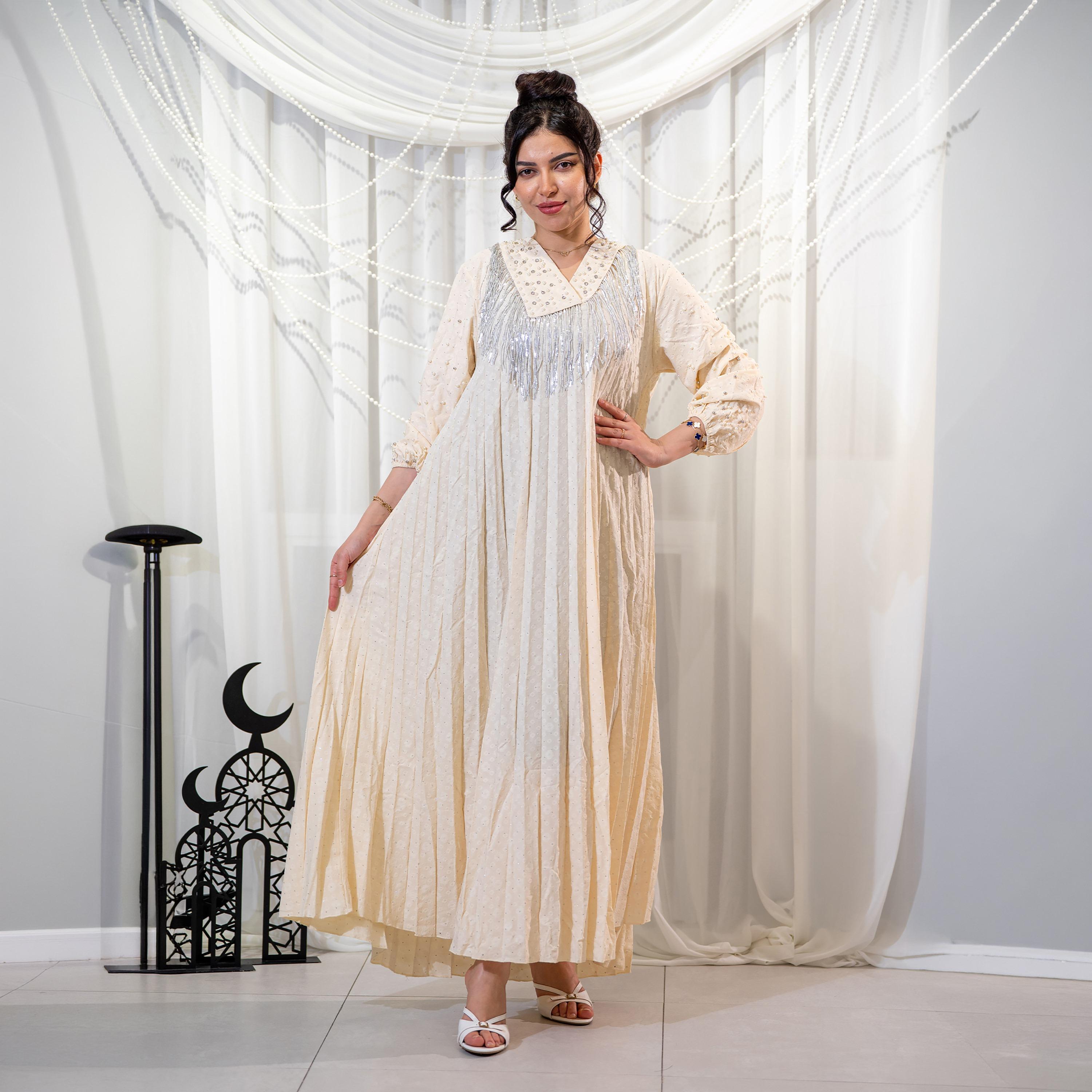 Zahiyh Pleated & Pearl Detailed Women's Evening Jalabiya-women-arabicclothing-jalabiyas-image-1