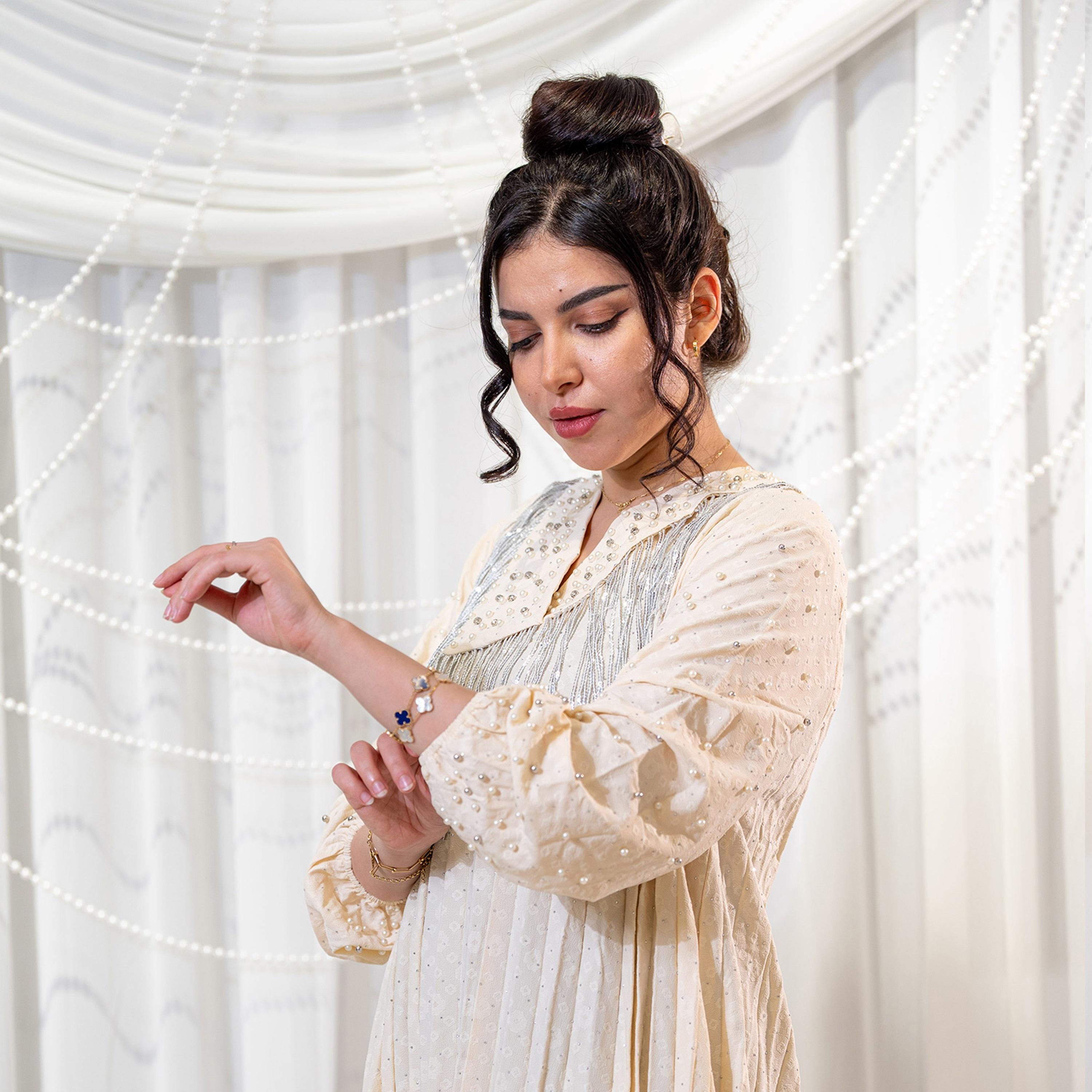 Zahiyh Pleated & Pearl Detailed Women's Evening Jalabiya-women-arabicclothing-jalabiyas-image-2