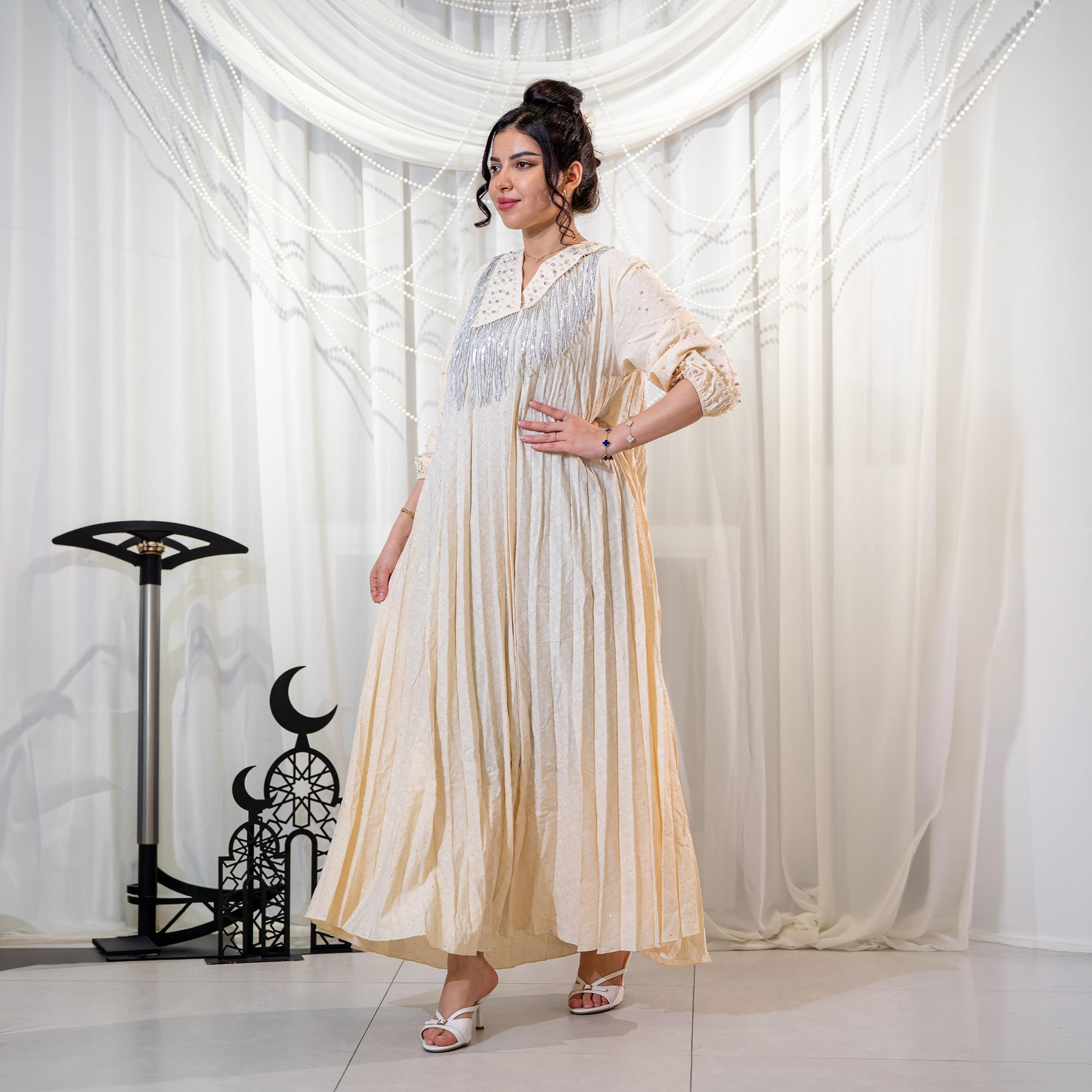 Zahiyh Pleated & Pearl Detailed Women's Evening Jalabiya-women-arabicclothing-jalabiyas-image-3