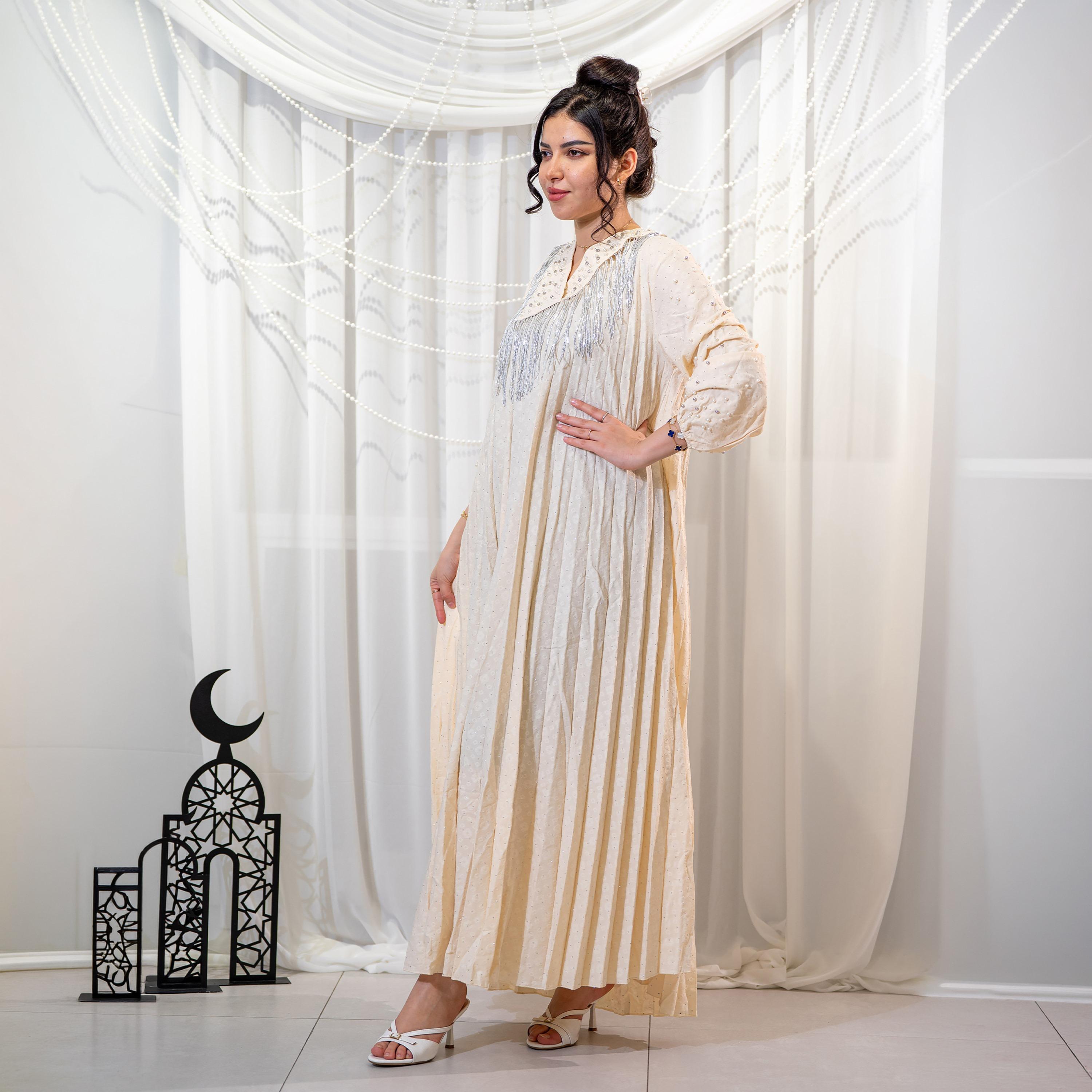 Zahiyh Pleated & Pearl Detailed Women's Evening Jalabiya-women-arabicclothing-jalabiyas-image-4