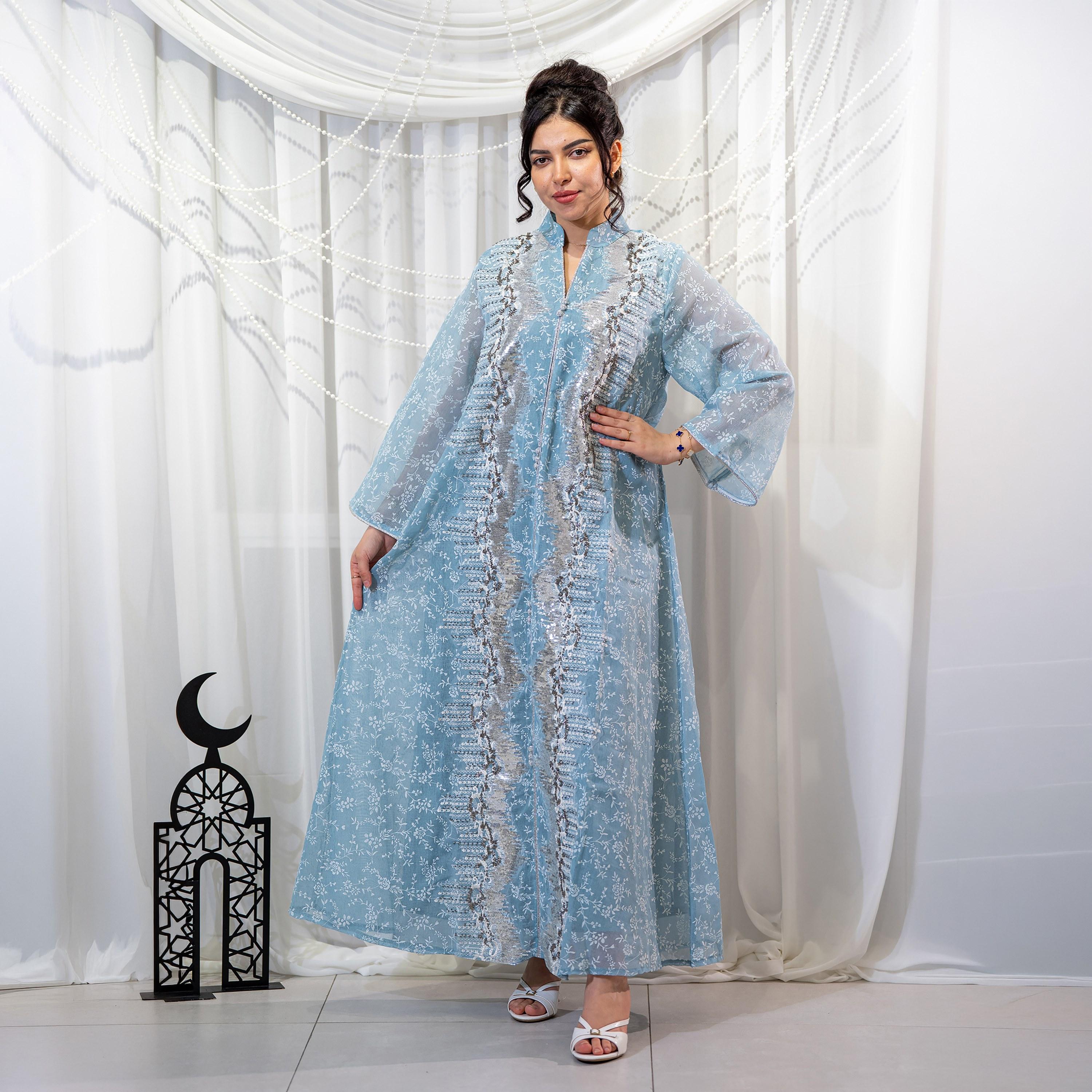 جلابية سهرة نسائية بياقة ماندارين وتطريز زهور وترتر وأكمام واسعة من زاهية-women-arabicclothing-jalabiyas-image-1