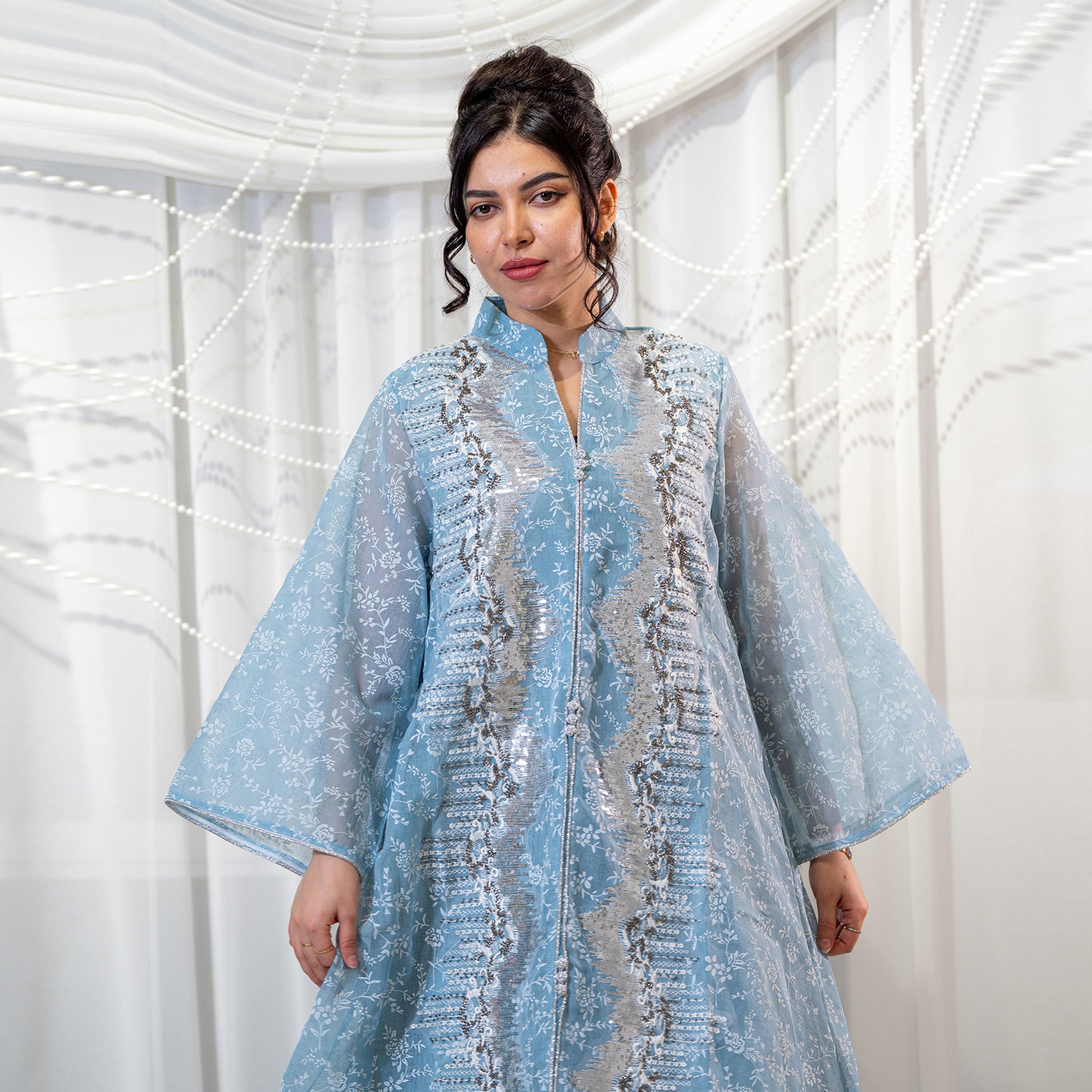 جلابية سهرة نسائية بياقة ماندارين وتطريز زهور وترتر وأكمام واسعة من زاهية-women-arabicclothing-jalabiyas-image-2