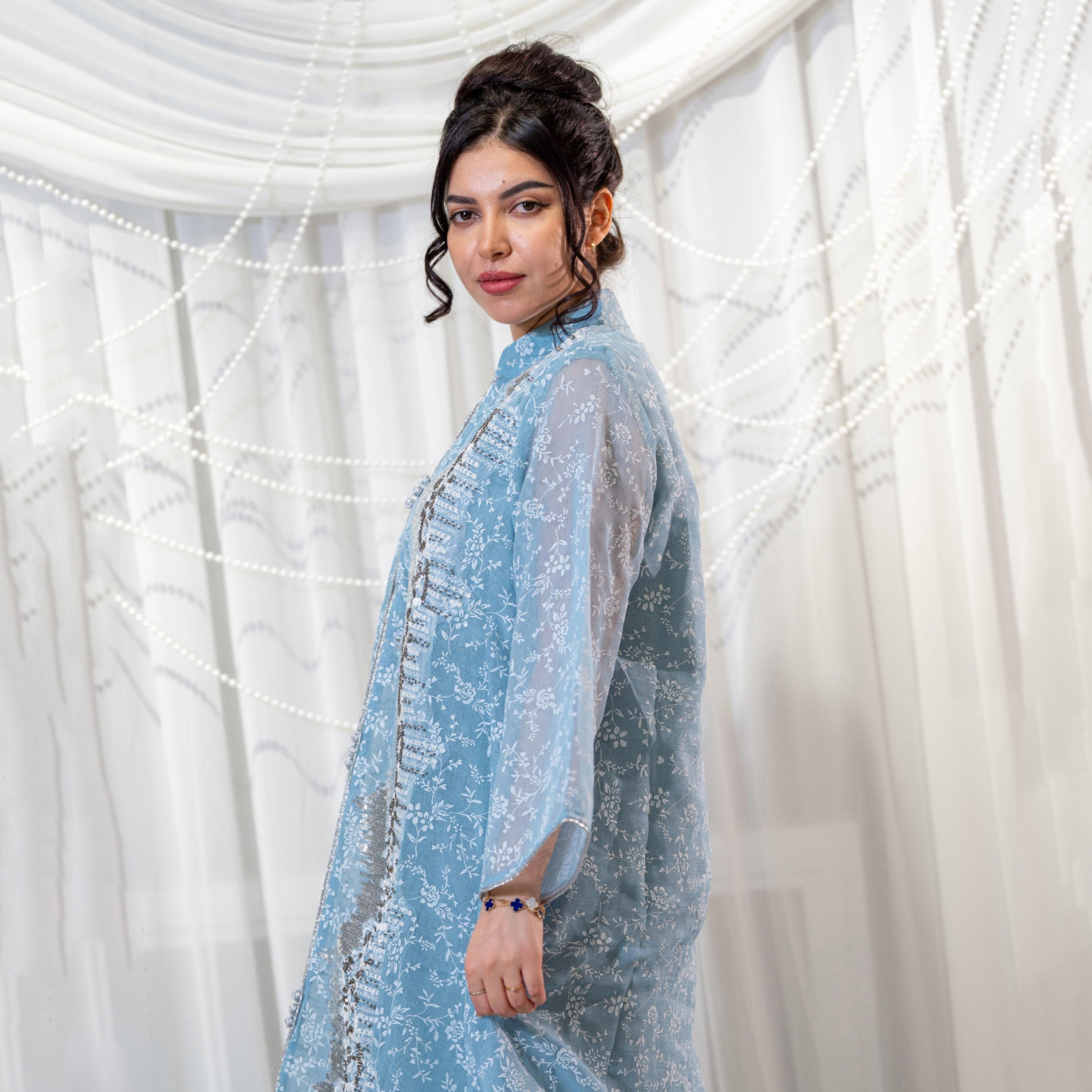 جلابية سهرة نسائية بياقة ماندارين وتطريز زهور وترتر وأكمام واسعة من زاهية-women-arabicclothing-jalabiyas-image-3