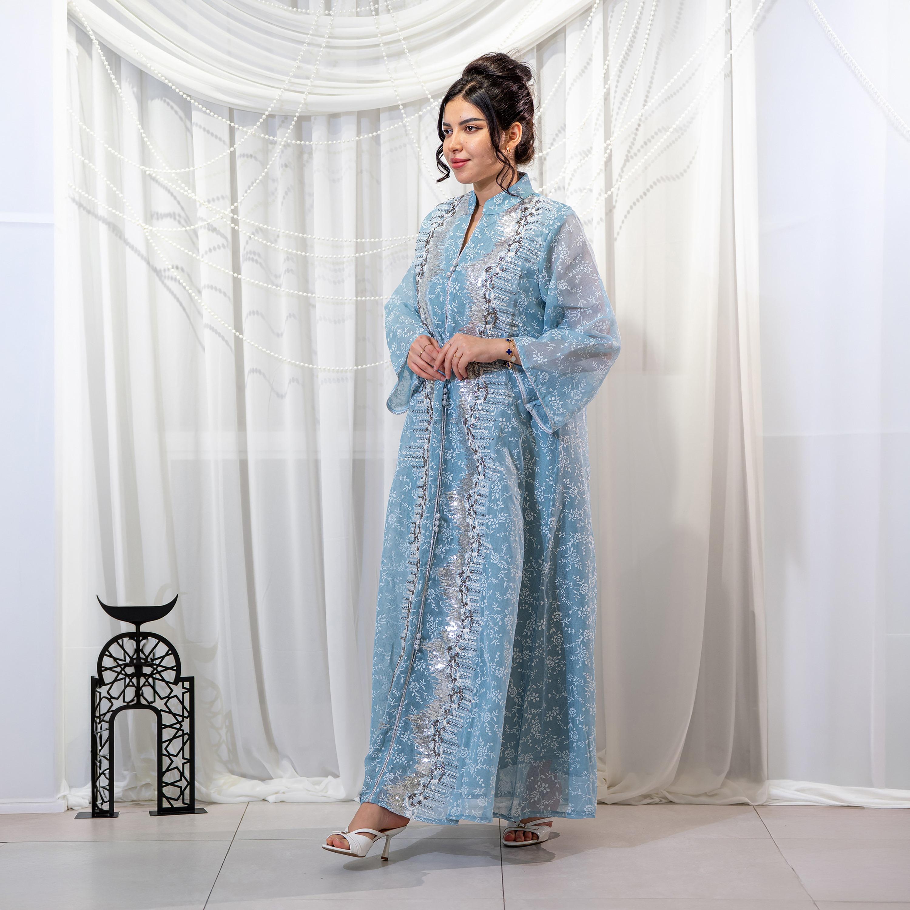 جلابية سهرة نسائية بياقة ماندارين وتطريز زهور وترتر وأكمام واسعة من زاهية-women-arabicclothing-jalabiyas-image-4