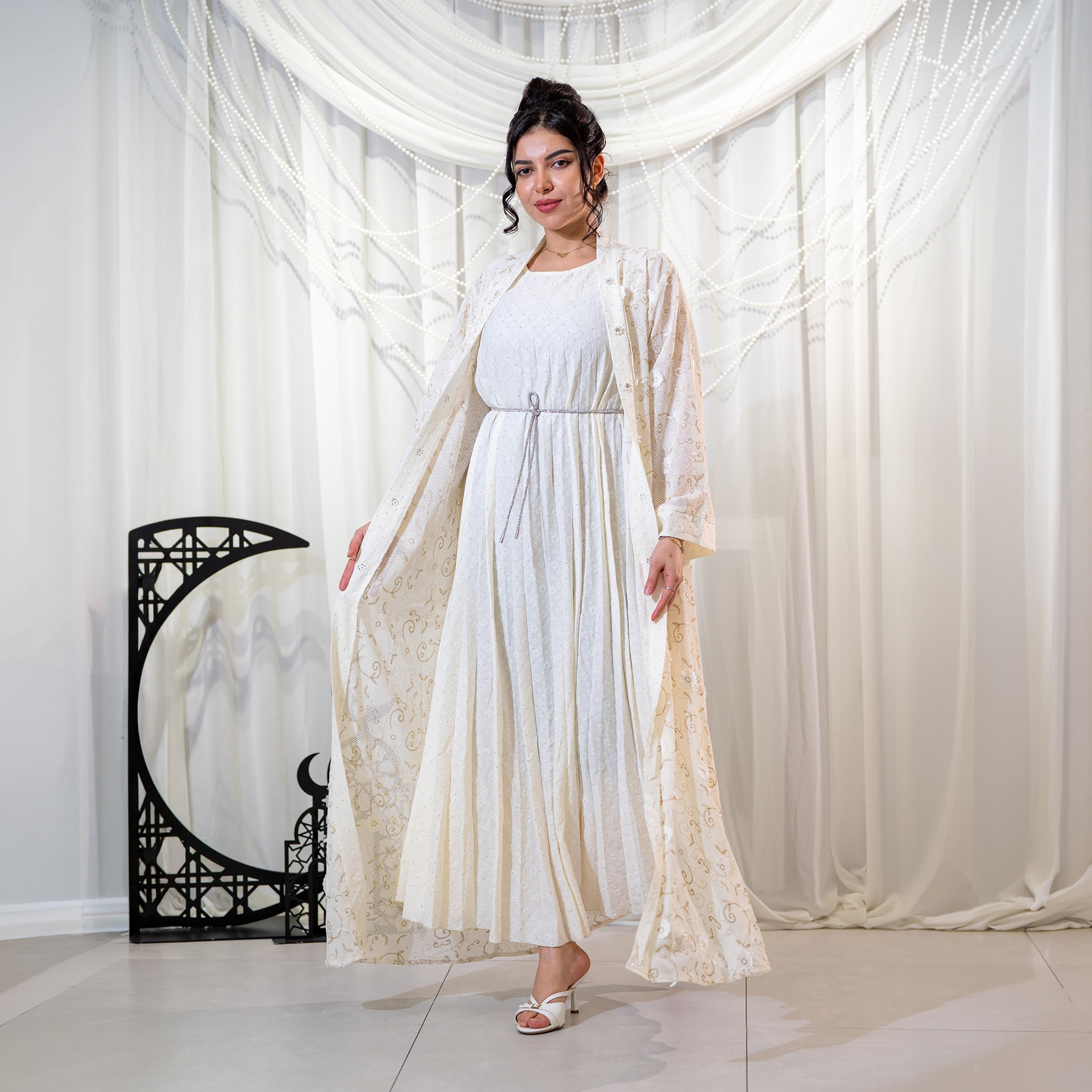 جلابية سهرة نسائية بتطريز زهور وأكمام واسعة مع جاكيت - بيج من زاهية-women-arabicclothing-jalabiyas-image-1