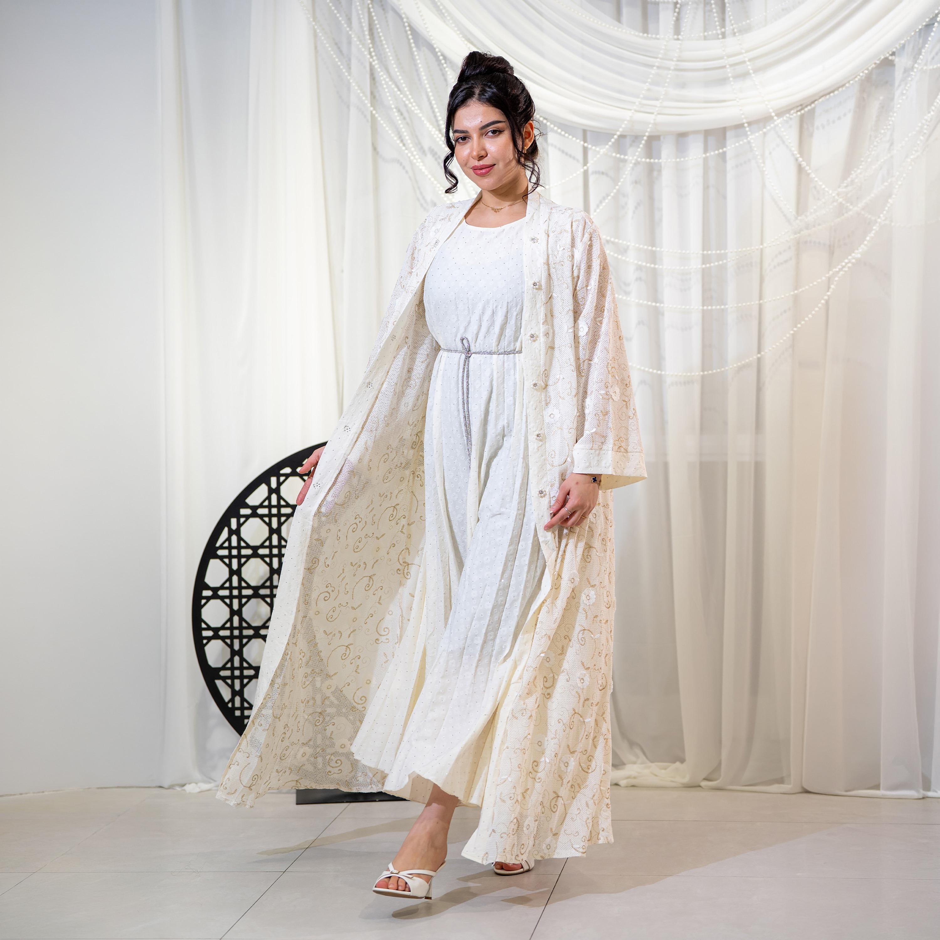 جلابية سهرة نسائية بتطريز زهور وأكمام واسعة مع جاكيت - بيج من زاهية-women-arabicclothing-jalabiyas-image-4