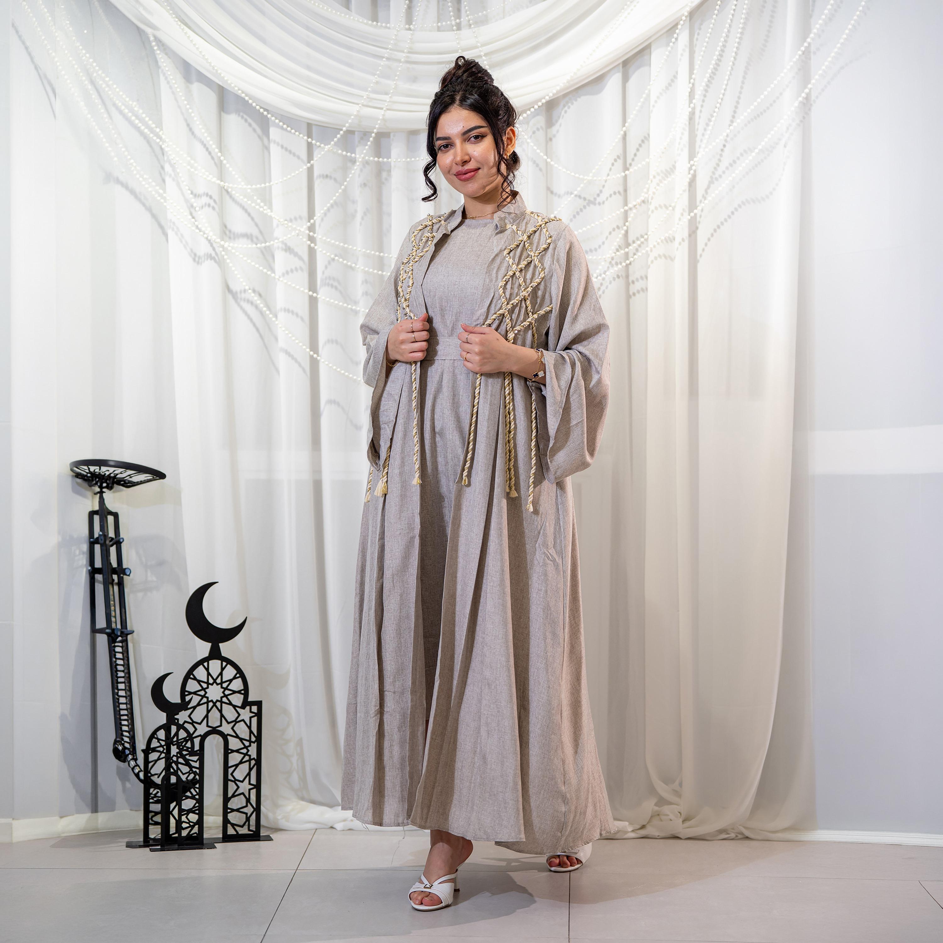 Zahiyh Grey Rope Embellished Mandarin Collar Wide Sleeves Women's Evening Linen Jalabiya with Jacket-women-arabicclothing-jalabiyas-image-1