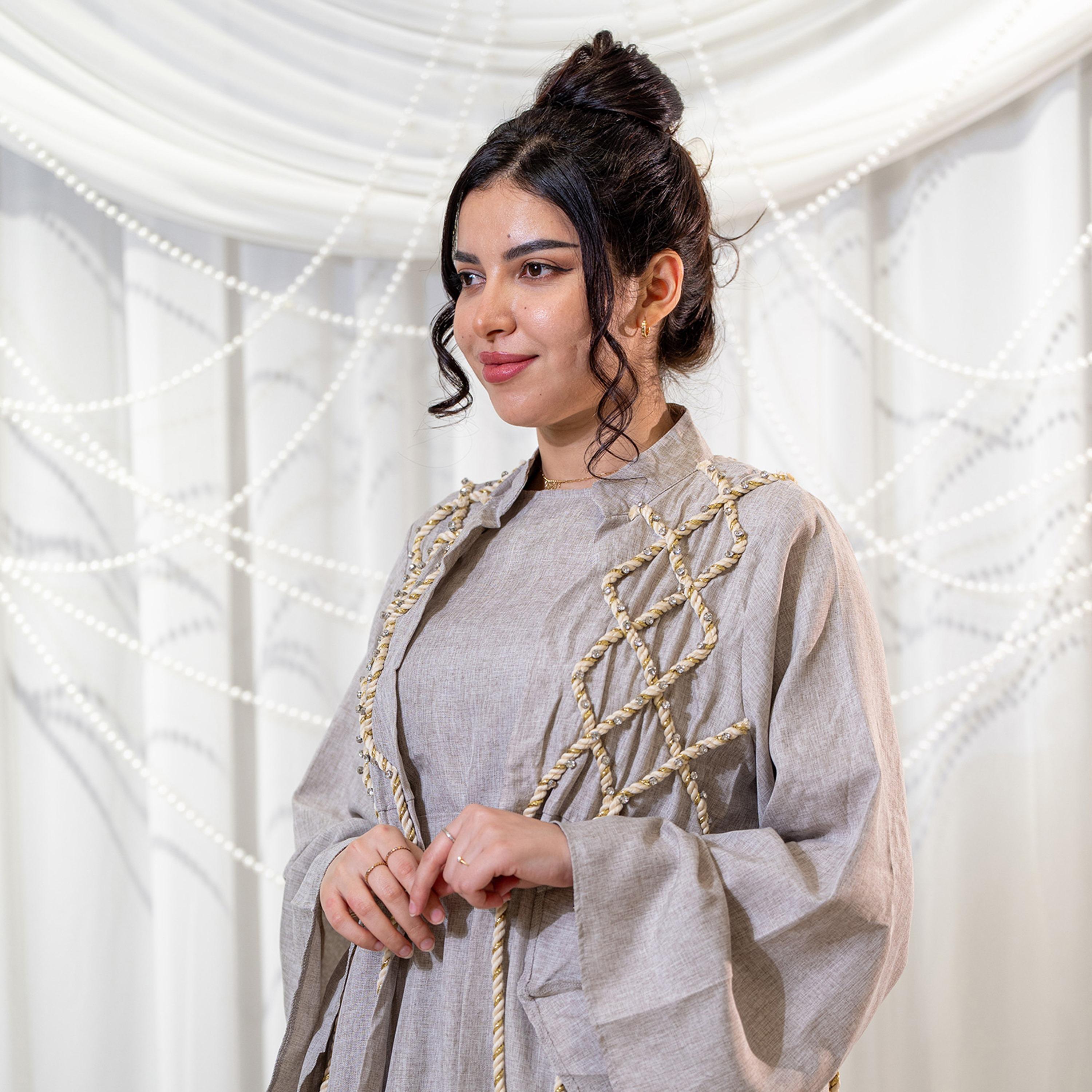 Zahiyh Grey Rope Embellished Mandarin Collar Wide Sleeves Women's Evening Linen Jalabiya with Jacket-women-arabicclothing-jalabiyas-image-2
