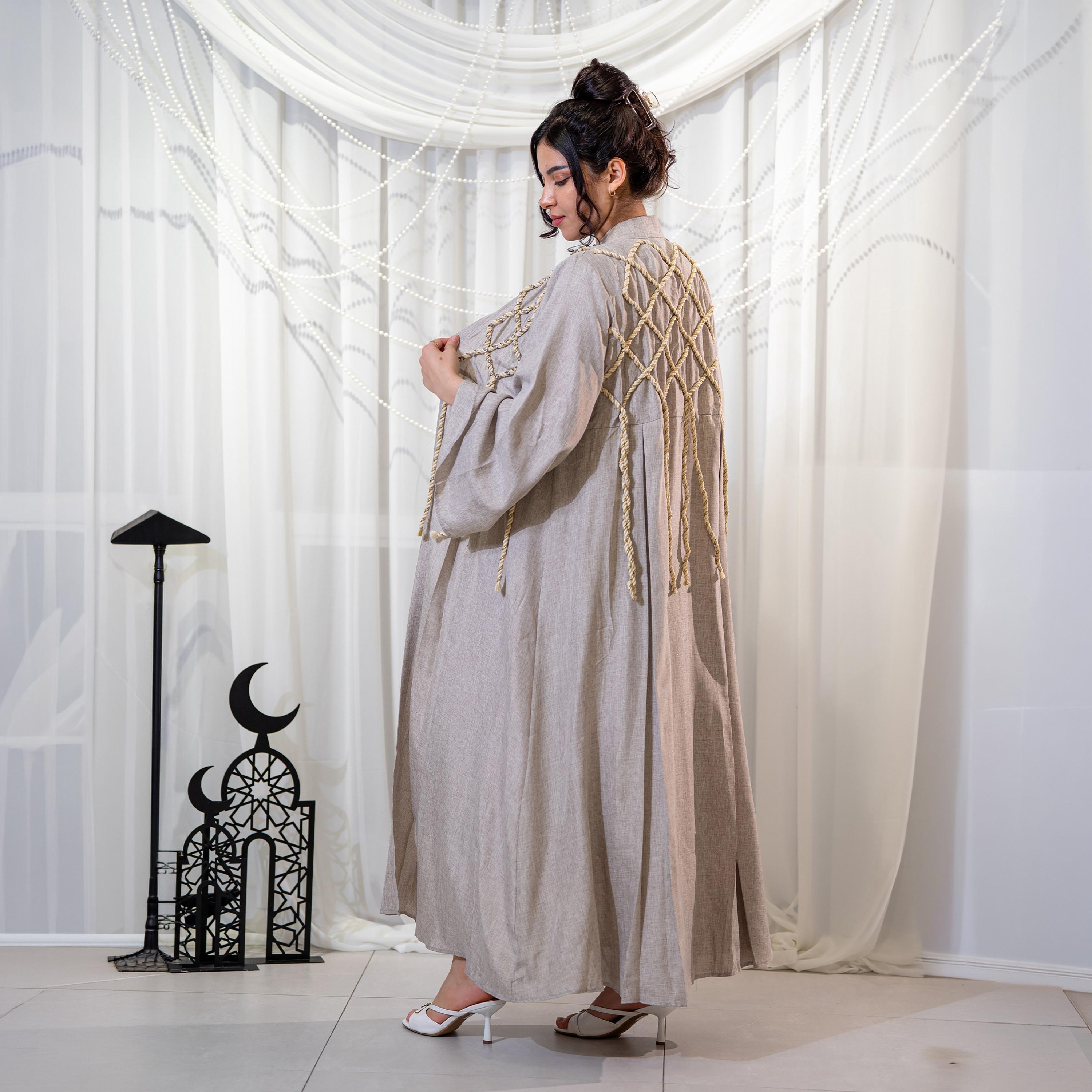 Zahiyh Grey Rope Embellished Mandarin Collar Wide Sleeves Women's Evening Linen Jalabiya with Jacket-women-arabicclothing-jalabiyas-image-3