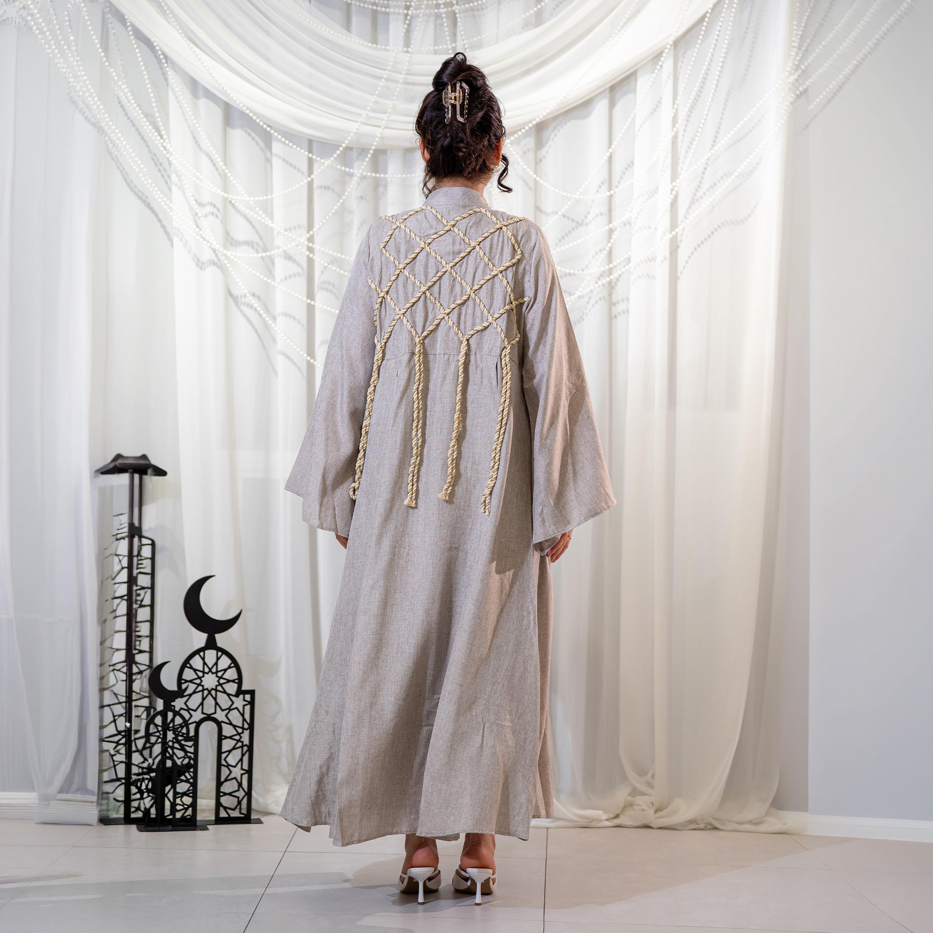 Zahiyh Grey Rope Embellished Mandarin Collar Wide Sleeves Women's Evening Linen Jalabiya with Jacket-women-arabicclothing-jalabiyas-image-4