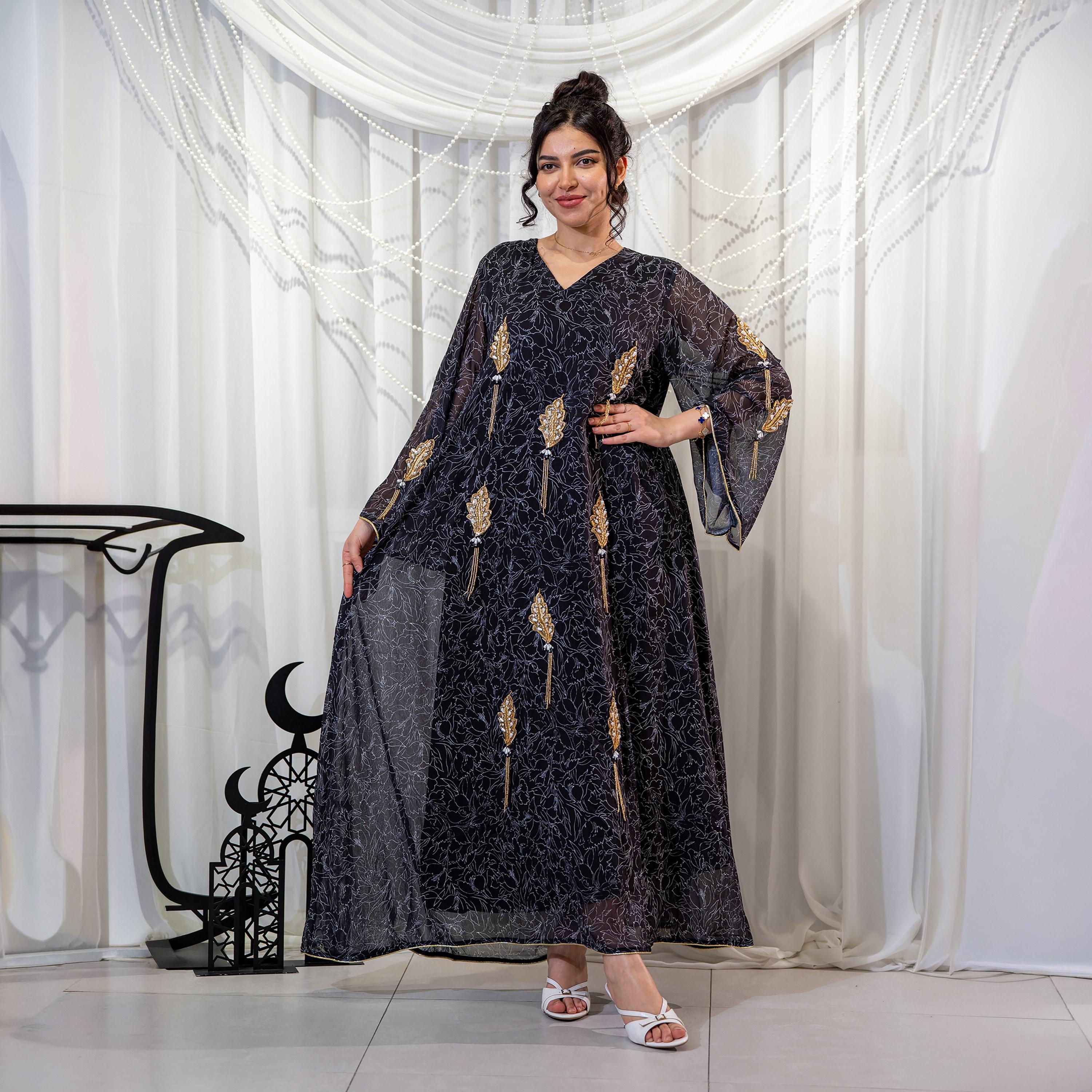 Zahiyh Black Leaf Print & Beaded Flared Sleeves Women's Evening Jalabiya-women-arabicclothing-jalabiyas-image-1
