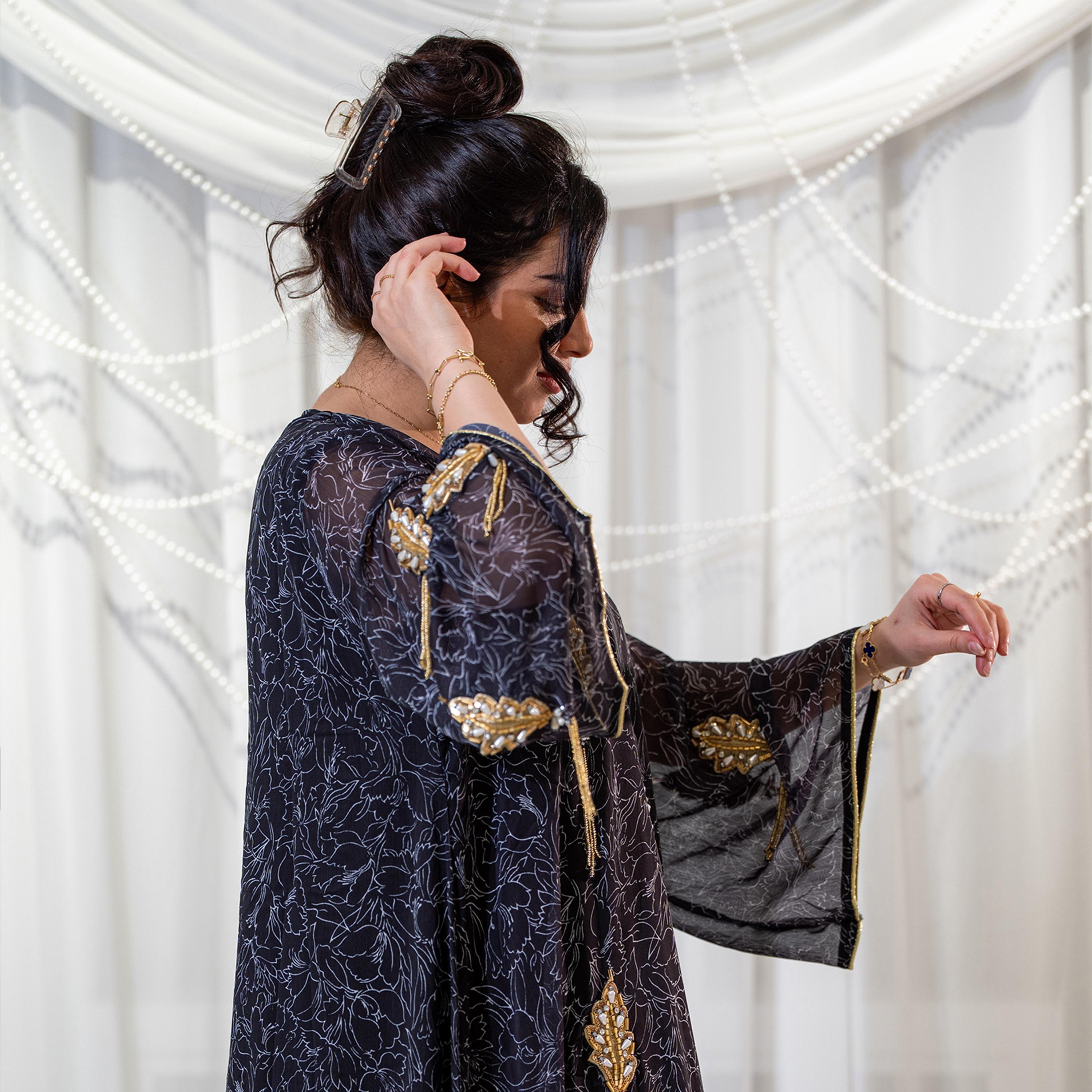 Zahiyh Black Leaf Print & Beaded Flared Sleeves Women's Evening Jalabiya-women-arabicclothing-jalabiyas-image-2