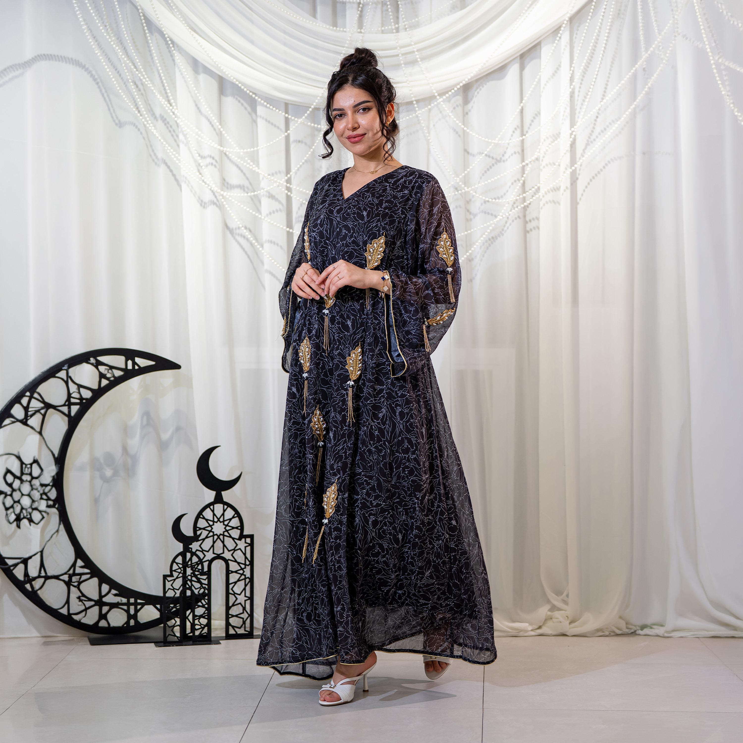 Zahiyh Black Leaf Print & Beaded Flared Sleeves Women's Evening Jalabiya-women-arabicclothing-jalabiyas-image-3
