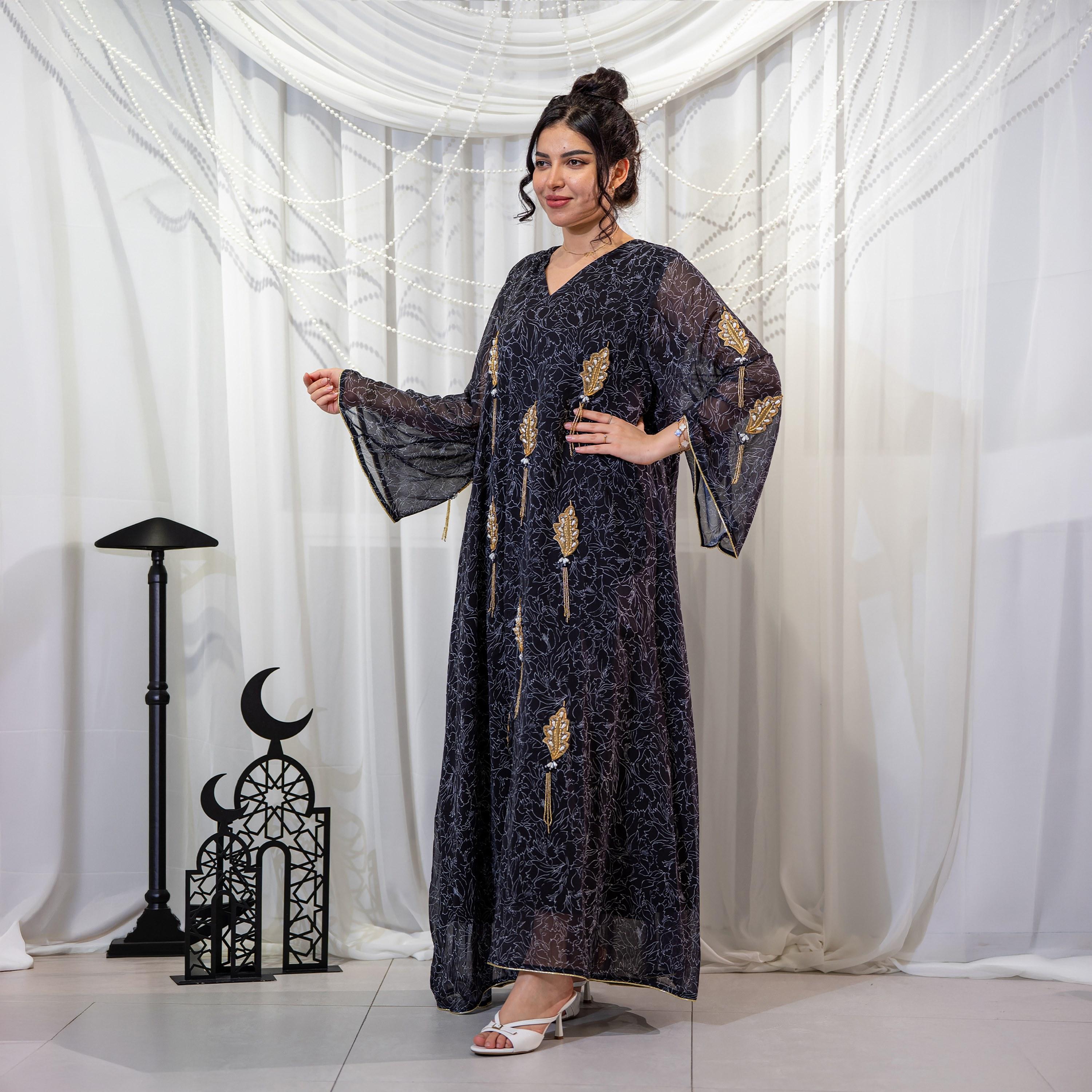 Zahiyh Black Leaf Print & Beaded Flared Sleeves Women's Evening Jalabiya-women-arabicclothing-jalabiyas-image-4