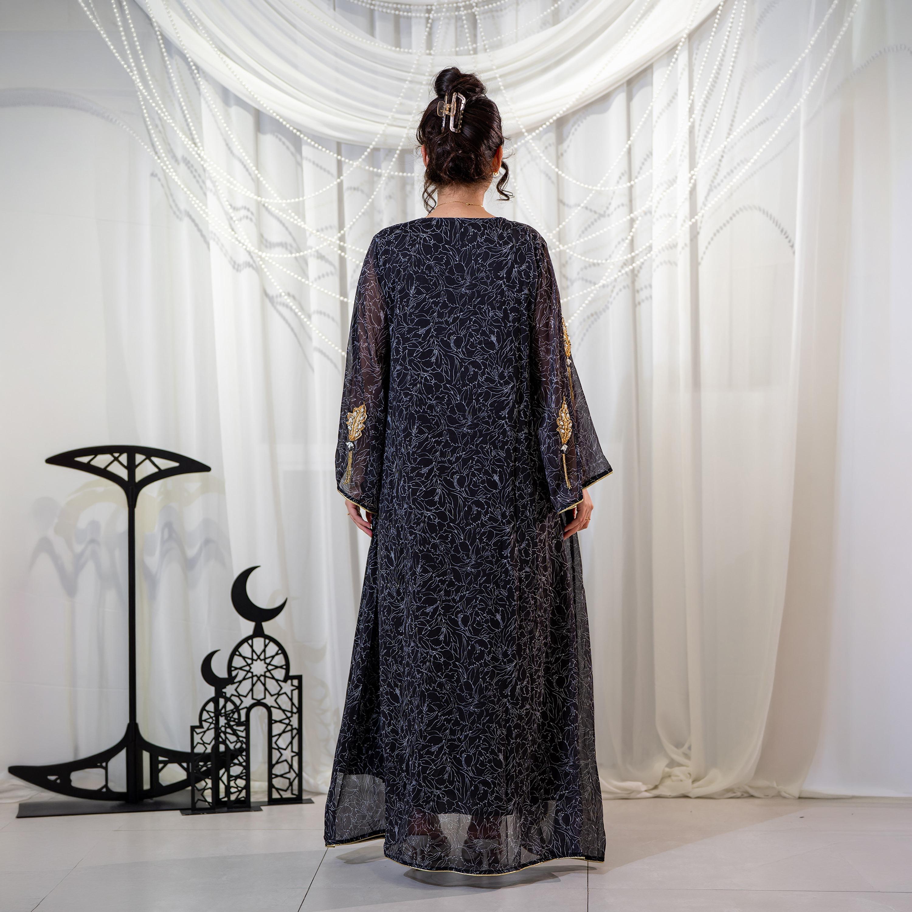 Zahiyh Black Leaf Print & Beaded Flared Sleeves Women's Evening Jalabiya-women-arabicclothing-jalabiyas-image-5
