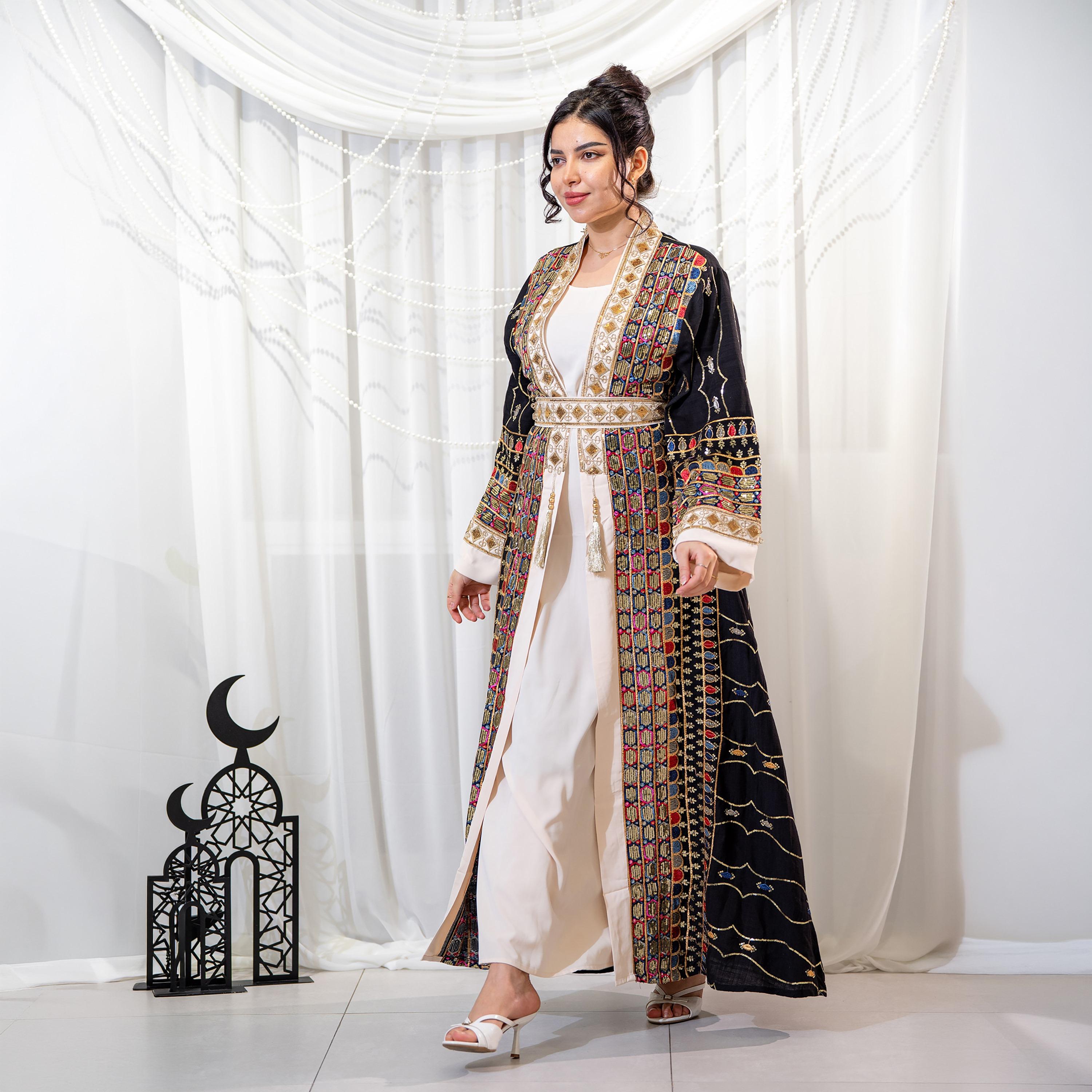 جلابية سهرة نسائية بتطريز وترتر وأكمام واسعة مع جاكيت - أسود من زاهية-women-arabicclothing-jalabiyas-image-4
