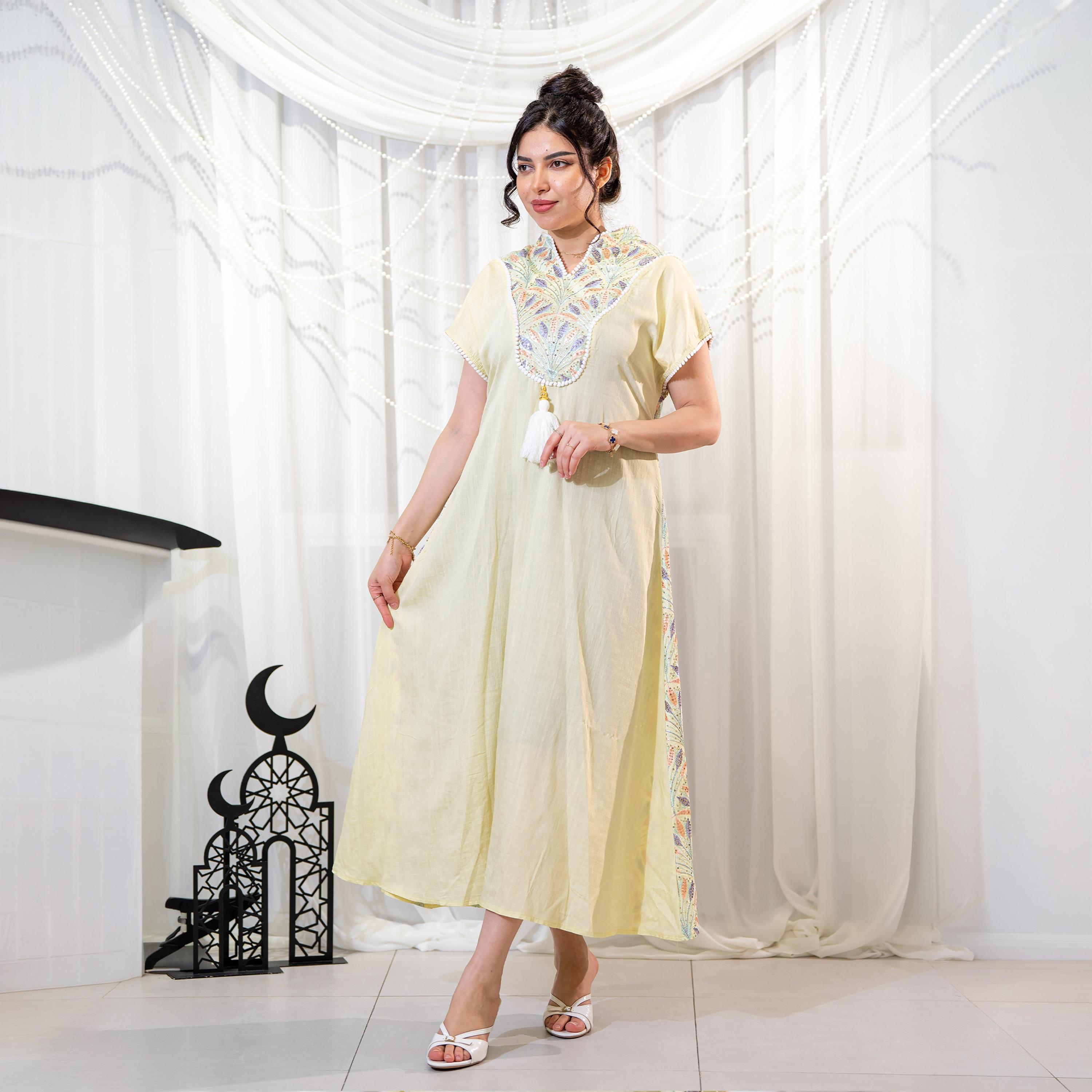 Zahiyh Yellow Leafs Embroidered Mandarin Collar Women's Evening Jalabiya-women-arabicclothing-jalabiyas-image-1