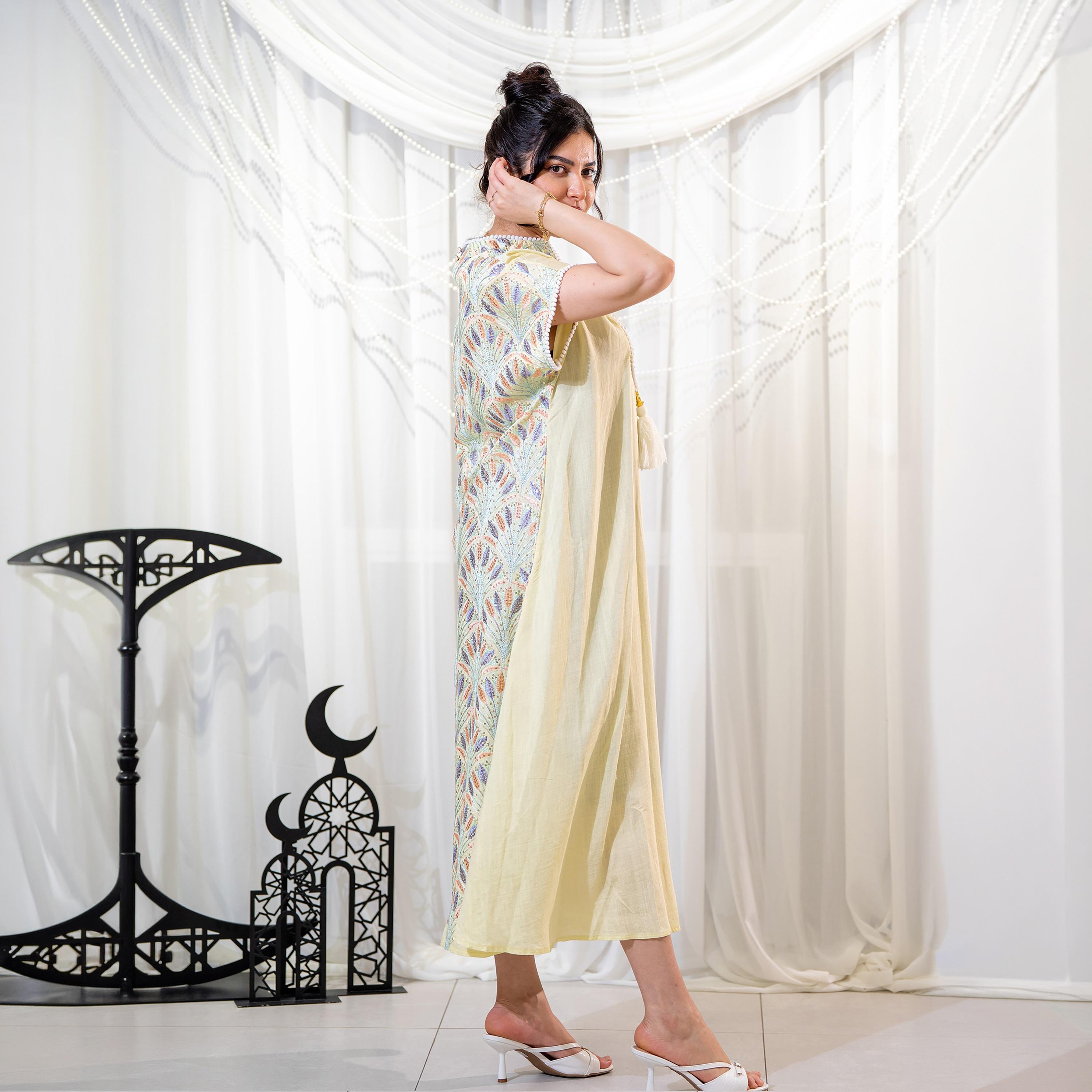 Zahiyh Yellow Leafs Embroidered Mandarin Collar Women's Evening Jalabiya-women-arabicclothing-jalabiyas-image-3