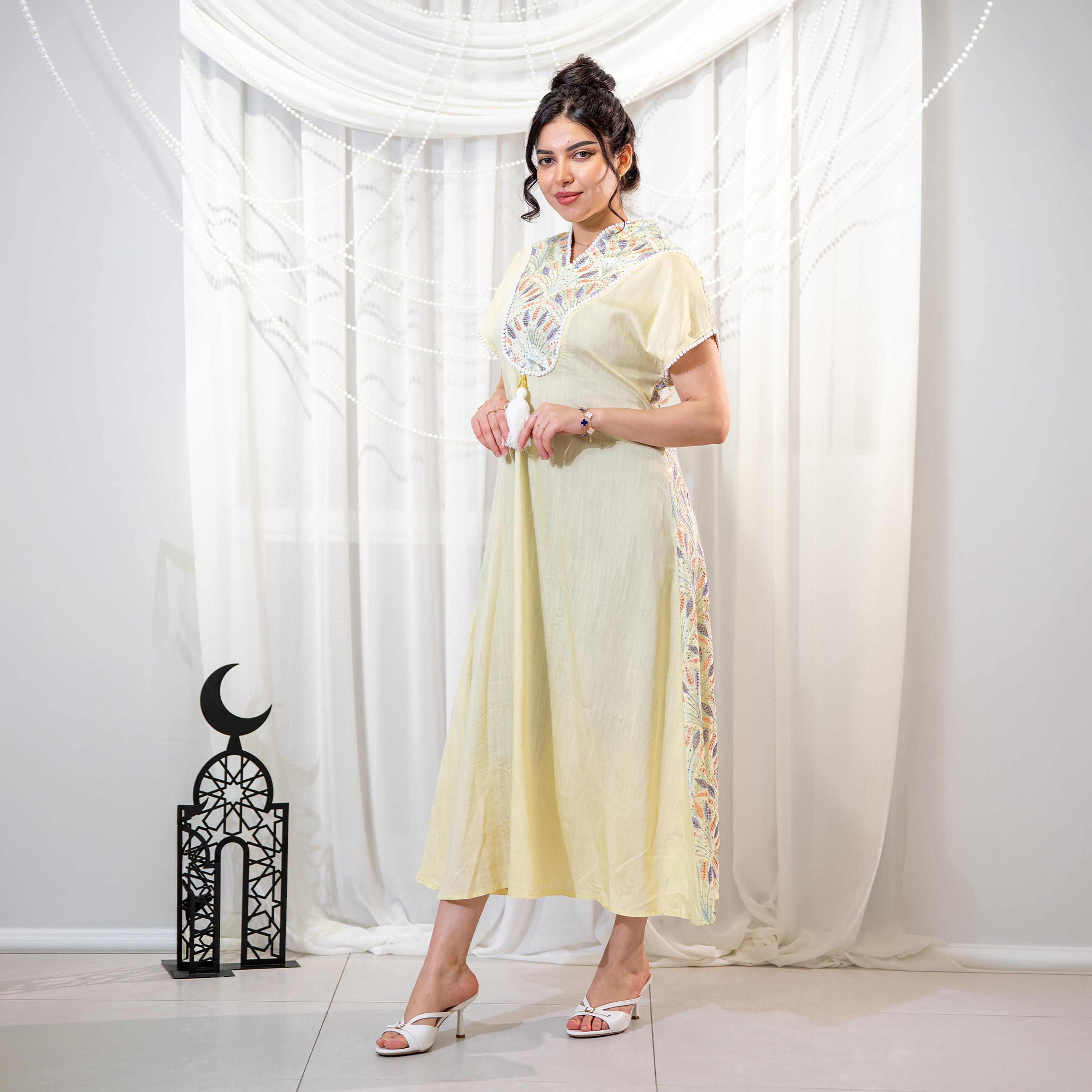 Zahiyh Yellow Leafs Embroidered Mandarin Collar Women's Evening Jalabiya-women-arabicclothing-jalabiyas-image-4