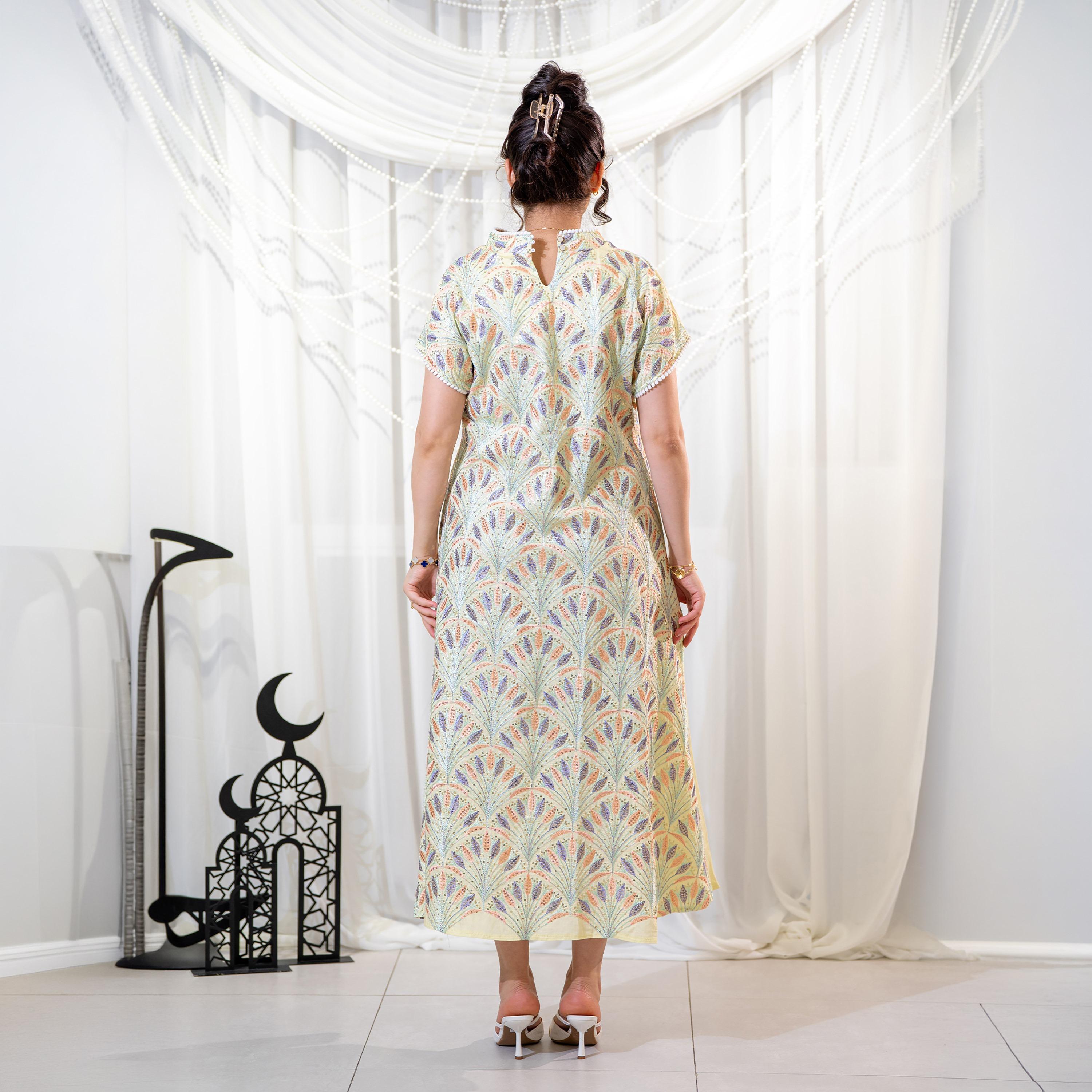Zahiyh Yellow Leafs Embroidered Mandarin Collar Women's Evening Jalabiya-women-arabicclothing-jalabiyas-image-5