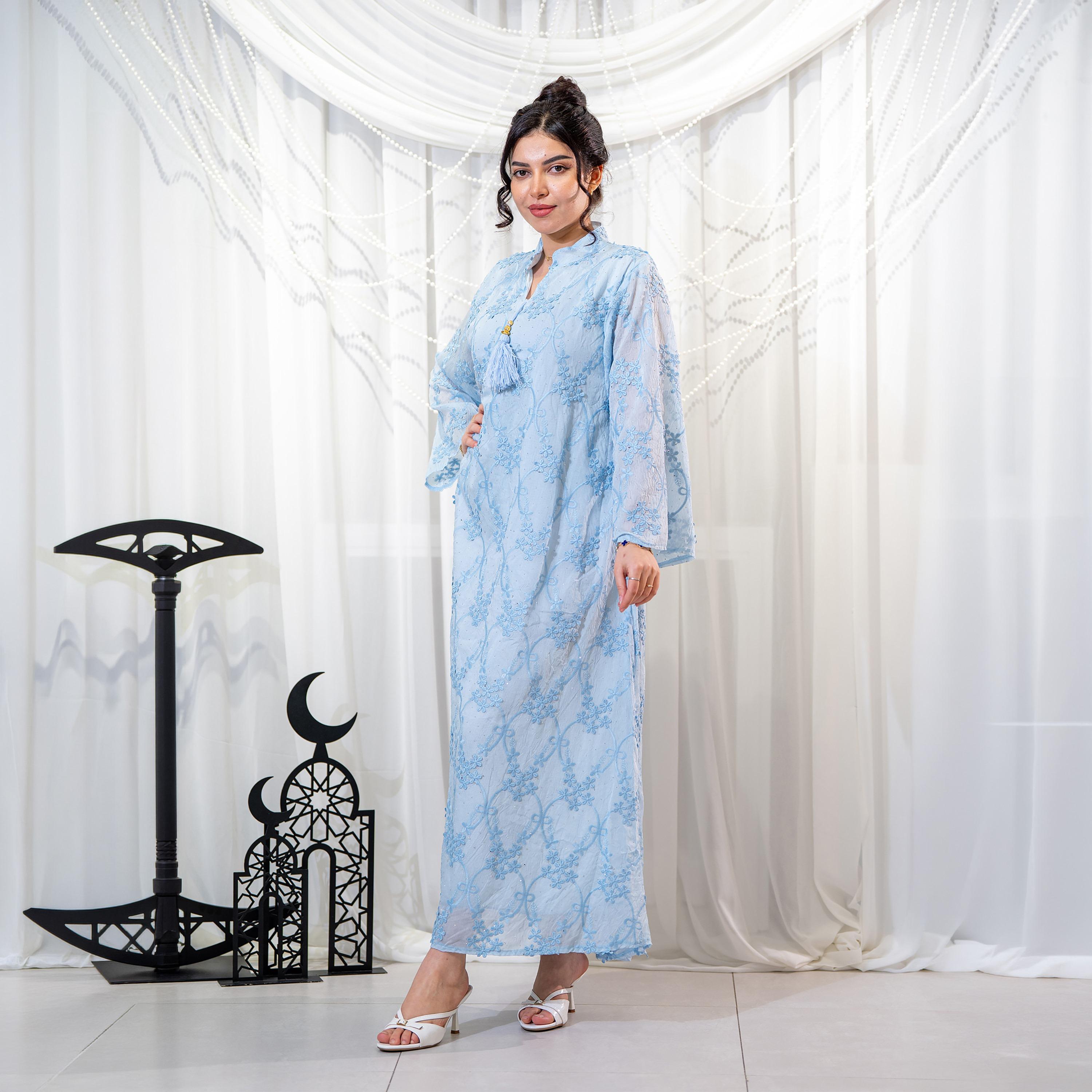 جلابية سهرة نسائية بياقة ماندارين وتطريز زهور - أزرق من زاهية-women-arabicclothing-jalabiyas-image-1