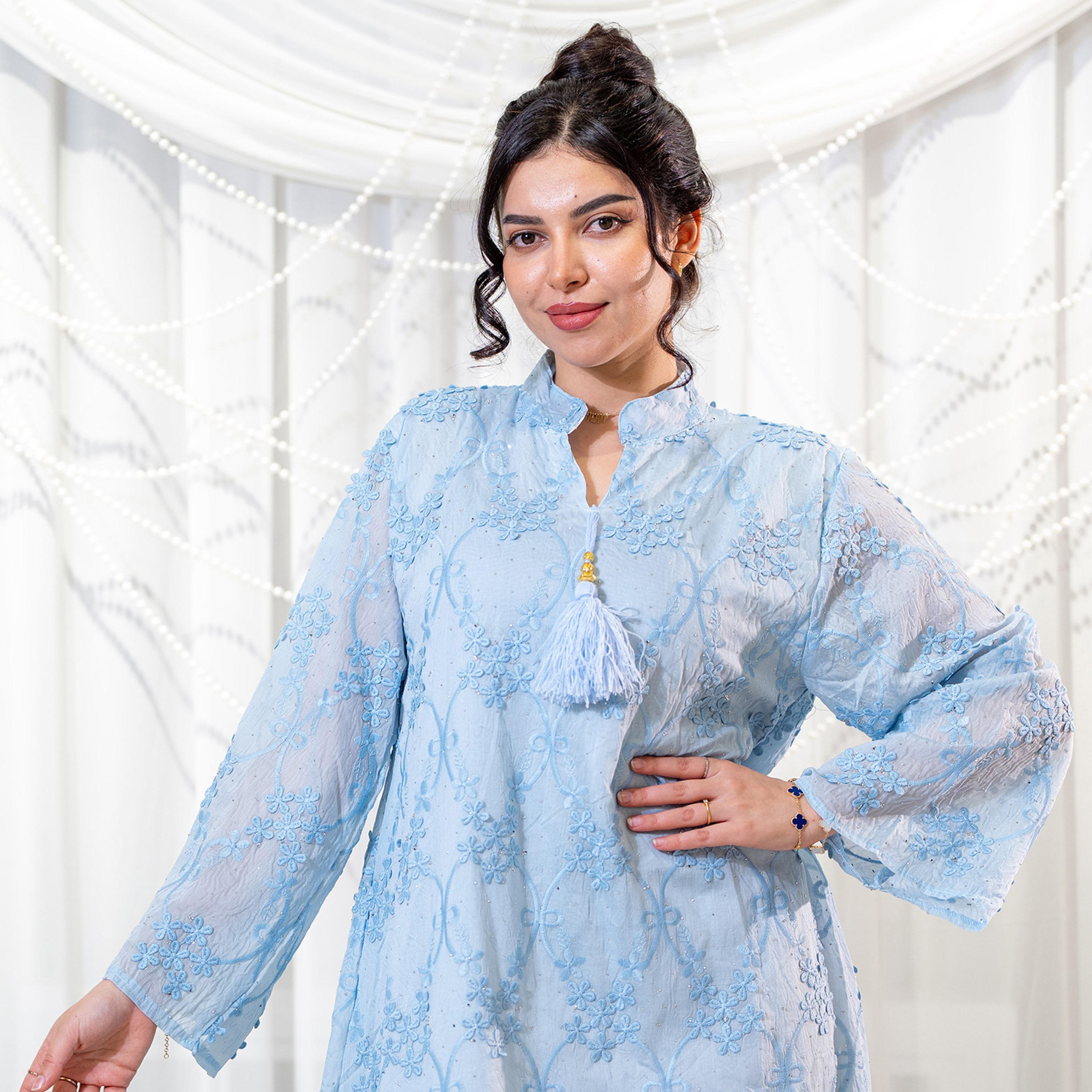 جلابية سهرة نسائية بياقة ماندارين وتطريز زهور - أزرق من زاهية-women-arabicclothing-jalabiyas-image-2