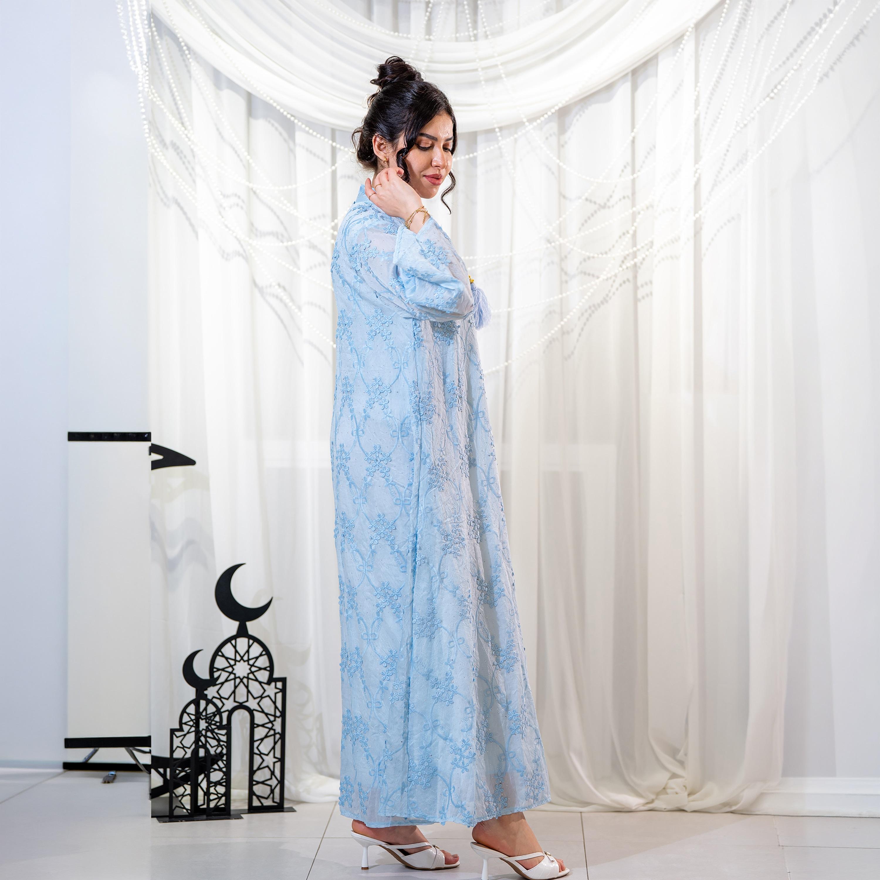 جلابية سهرة نسائية بياقة ماندارين وتطريز زهور - أزرق من زاهية-women-arabicclothing-jalabiyas-image-3