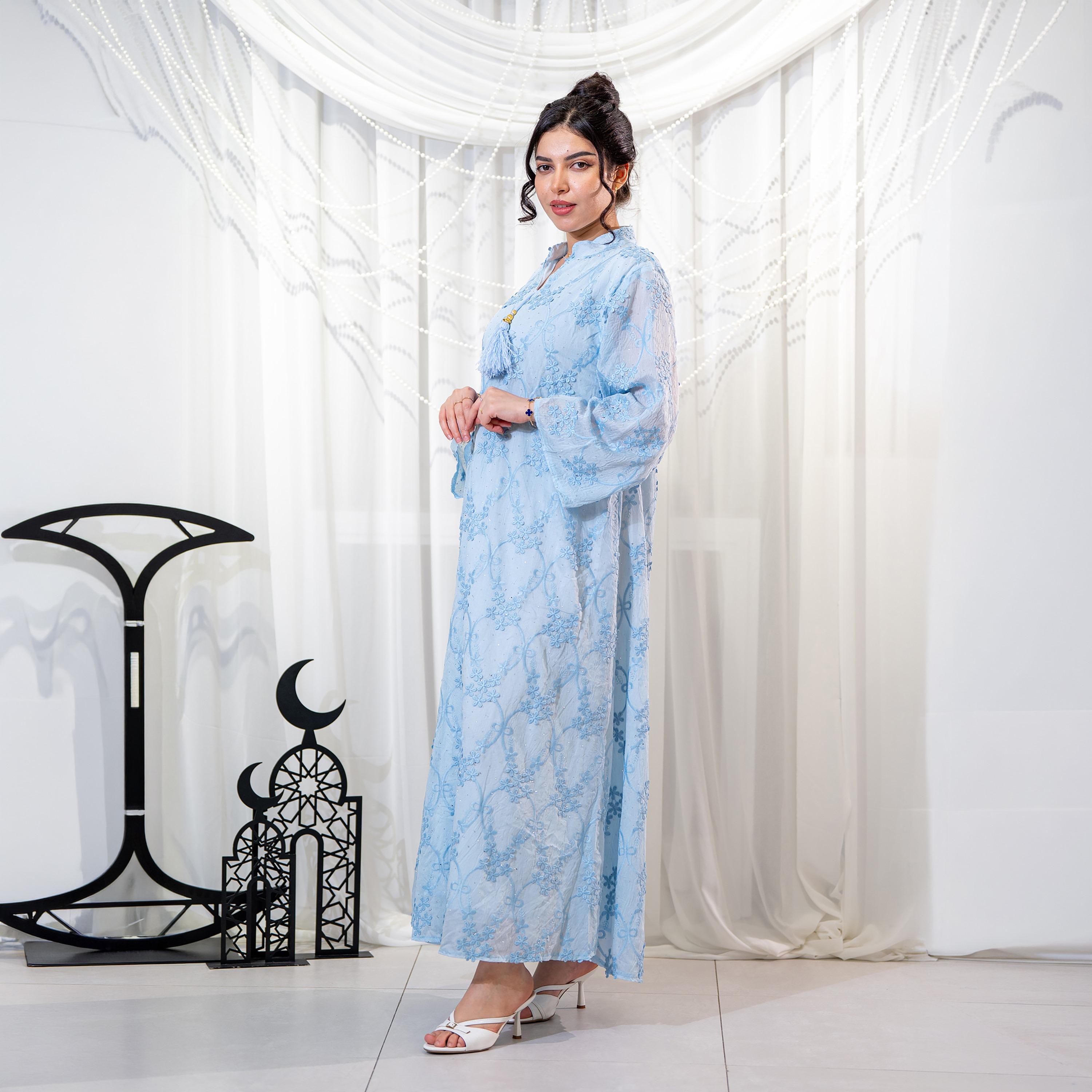 جلابية سهرة نسائية بياقة ماندارين وتطريز زهور - أزرق من زاهية-women-arabicclothing-jalabiyas-image-4