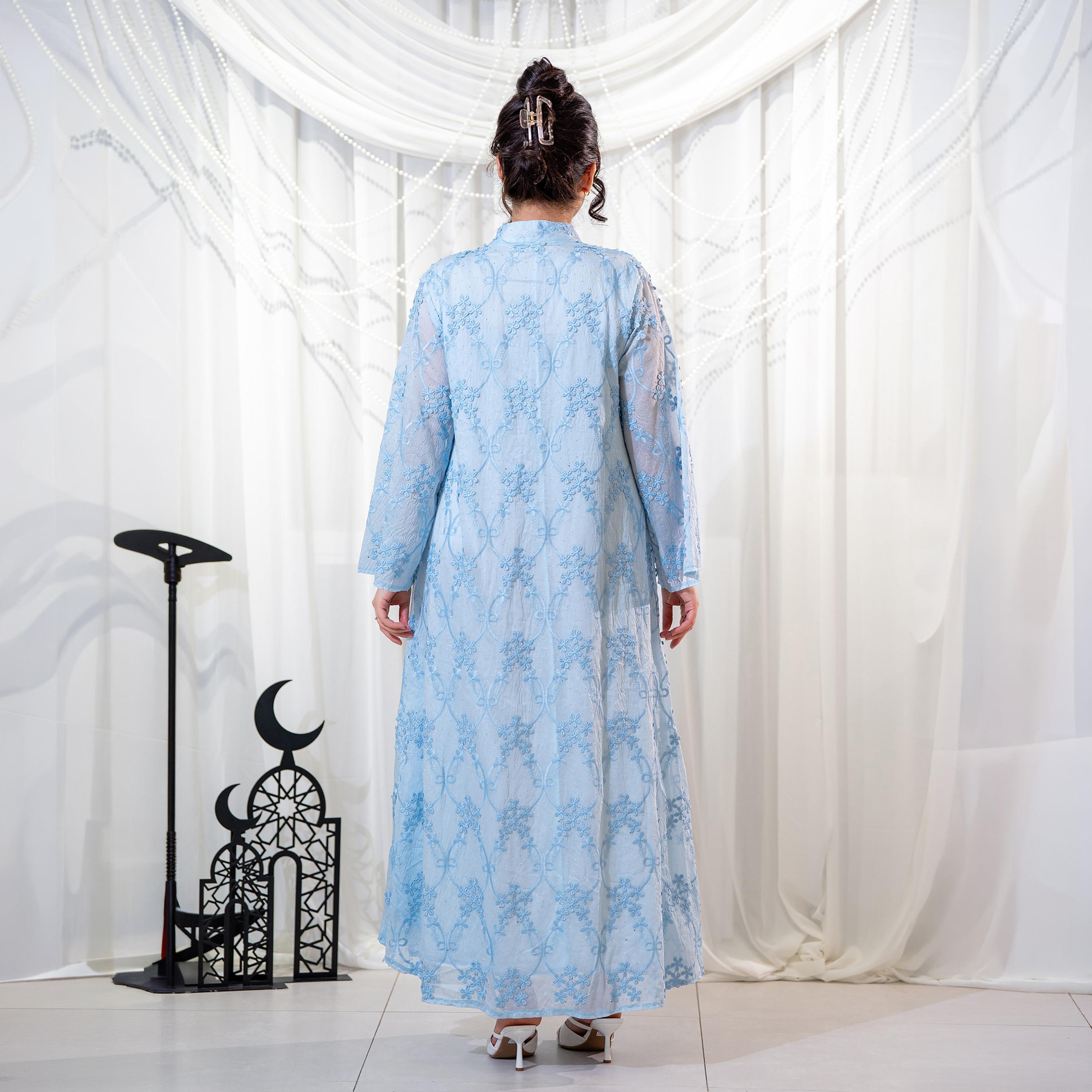 جلابية سهرة نسائية بياقة ماندارين وتطريز زهور - أزرق من زاهية-women-arabicclothing-jalabiyas-image-5