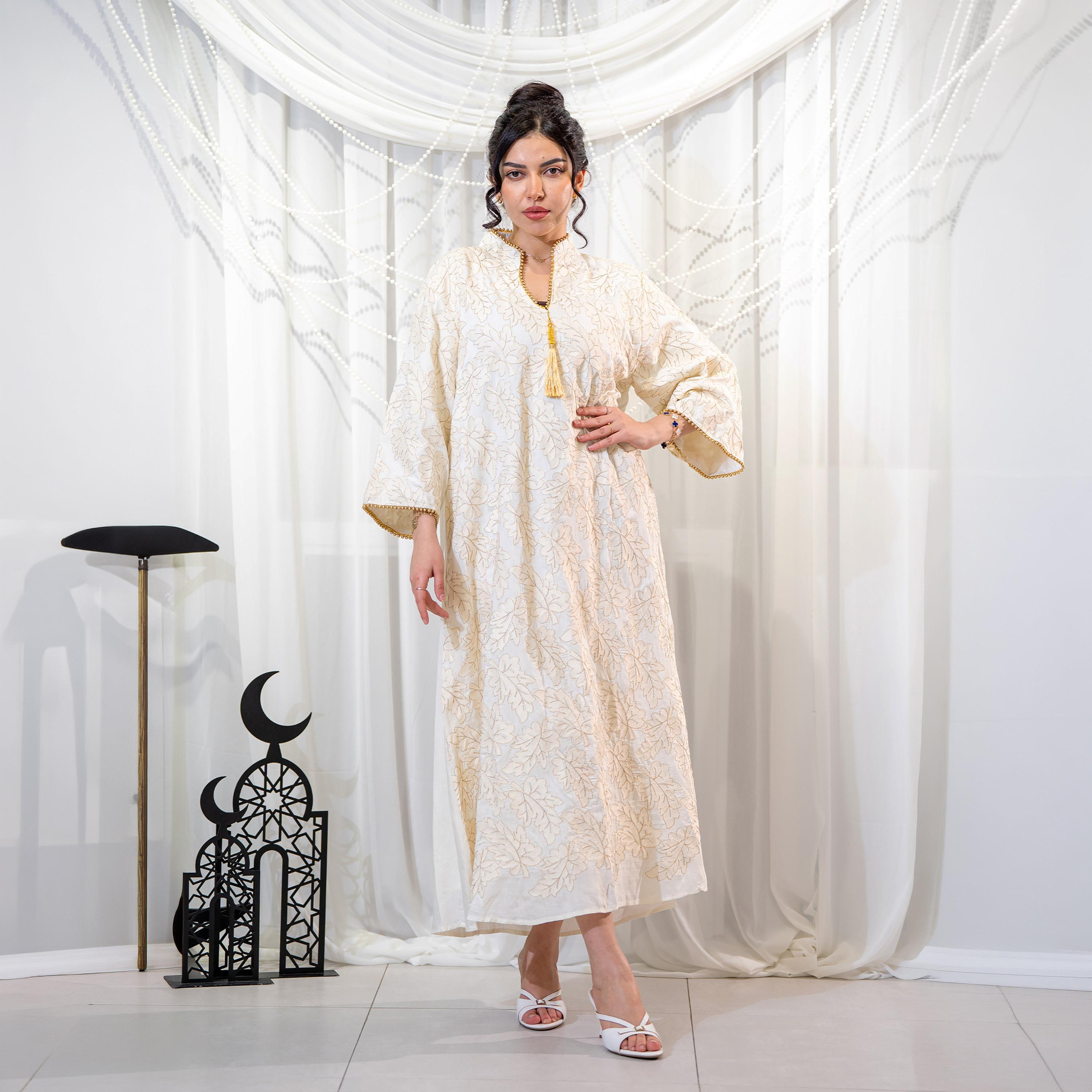 Zahiyh White Leafs Embroidered Mandarin Collar Wide Sleeves Women's Evening Jalabiya-women-arabicclothing-jalabiyas-image-1