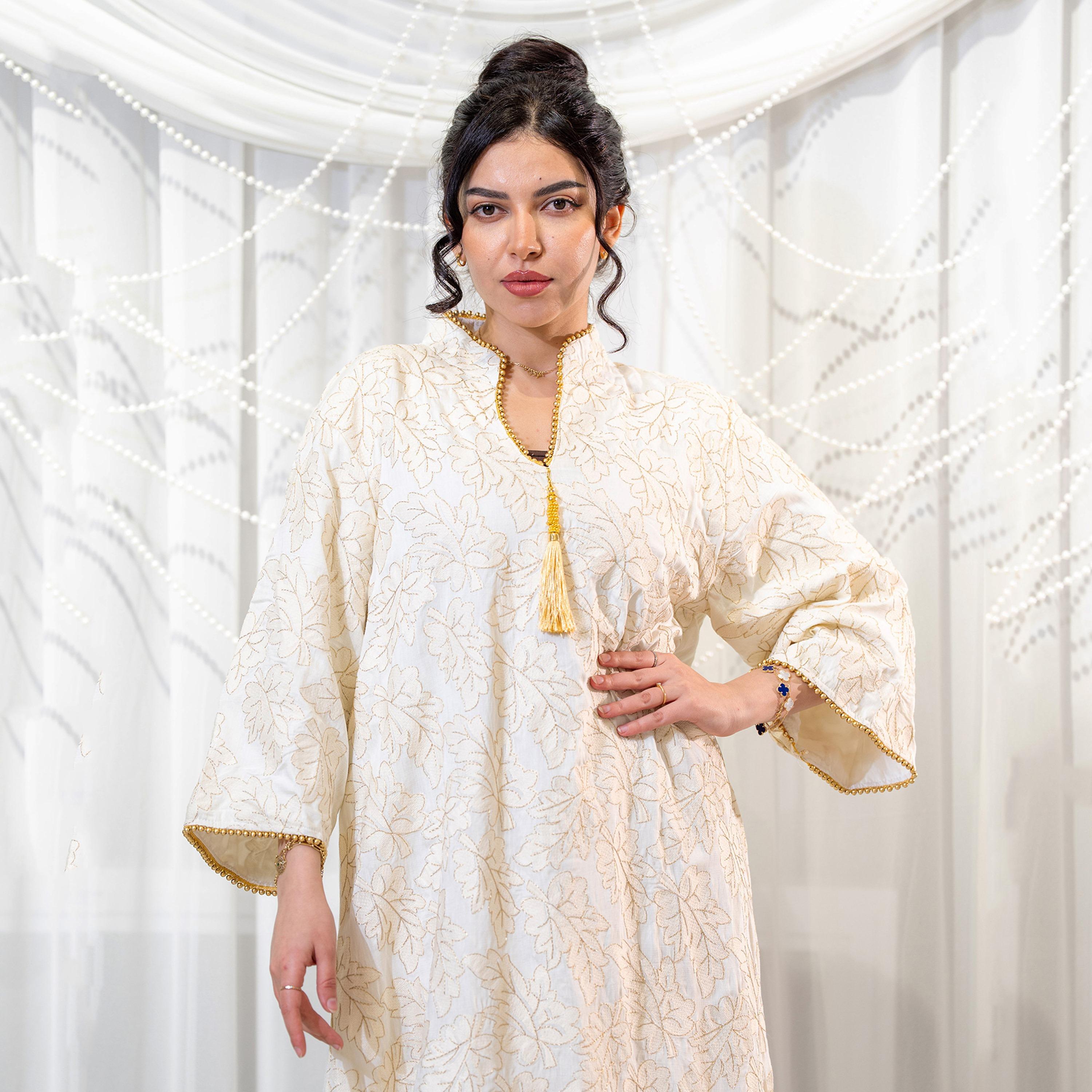 Zahiyh White Leafs Embroidered Mandarin Collar Wide Sleeves Women's Evening Jalabiya-women-arabicclothing-jalabiyas-image-2