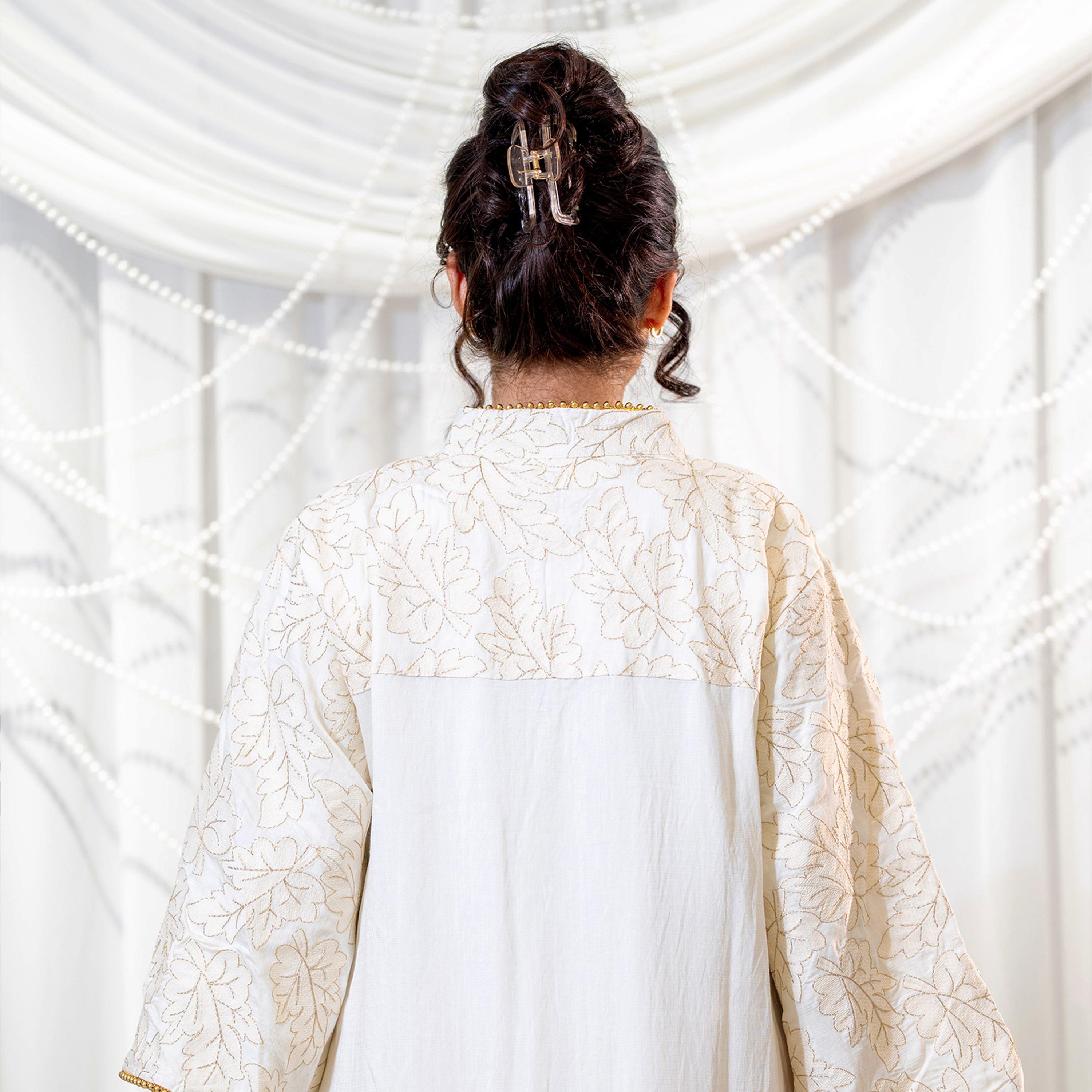 Zahiyh White Leafs Embroidered Mandarin Collar Wide Sleeves Women's Evening Jalabiya-women-arabicclothing-jalabiyas-image-3