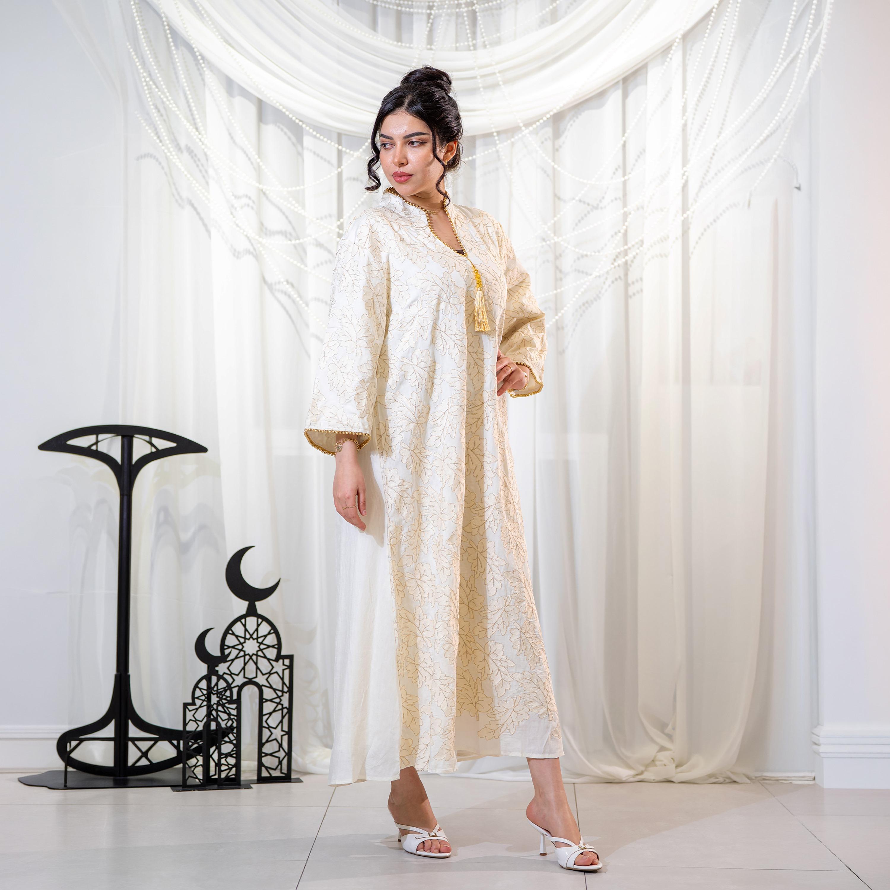 Zahiyh White Leafs Embroidered Mandarin Collar Wide Sleeves Women's Evening Jalabiya-women-arabicclothing-jalabiyas-image-4