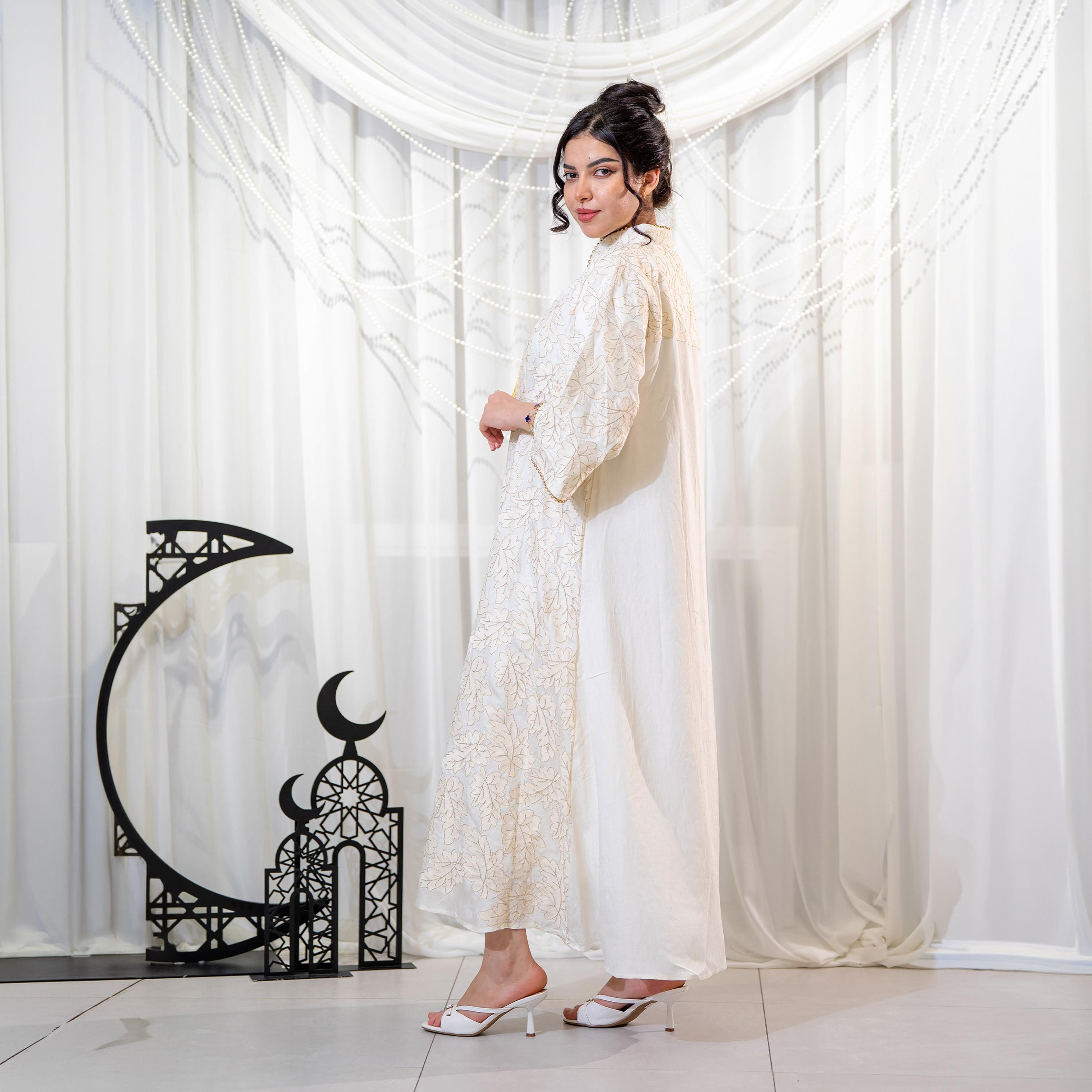 Zahiyh White Leafs Embroidered Mandarin Collar Wide Sleeves Women's Evening Jalabiya-women-arabicclothing-jalabiyas-image-5