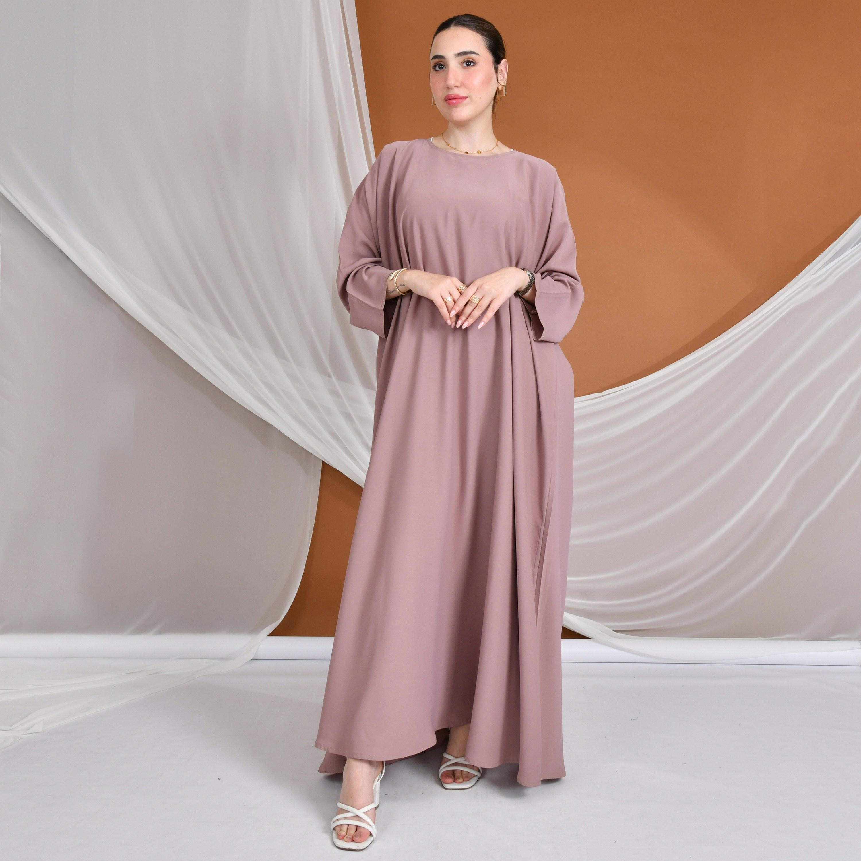Hawraa Pink Embroidered Linen Women's Evening Abaya with Inner Dress-women-arabicclothing-abayas-image-1