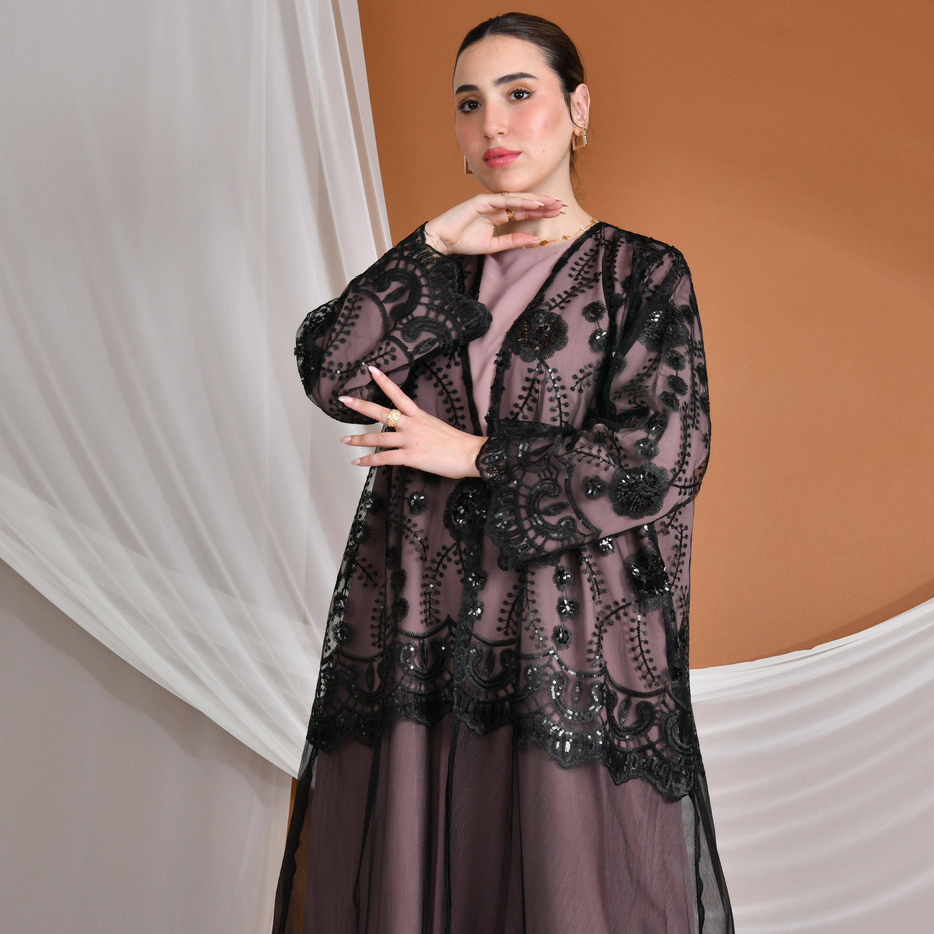 Hawraa Pink Embroidered Linen Women's Evening Abaya with Inner Dress-women-arabicclothing-abayas-image-2