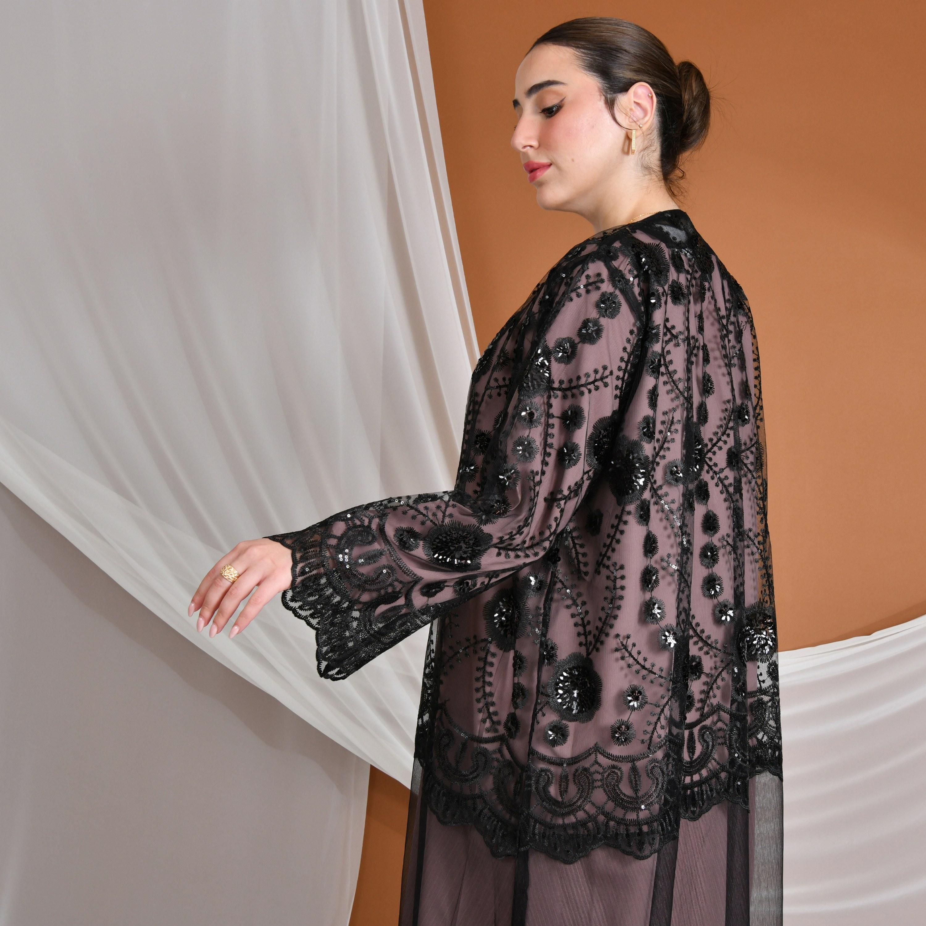 Hawraa Pink Embroidered Linen Women's Evening Abaya with Inner Dress-women-arabicclothing-abayas-image-4
