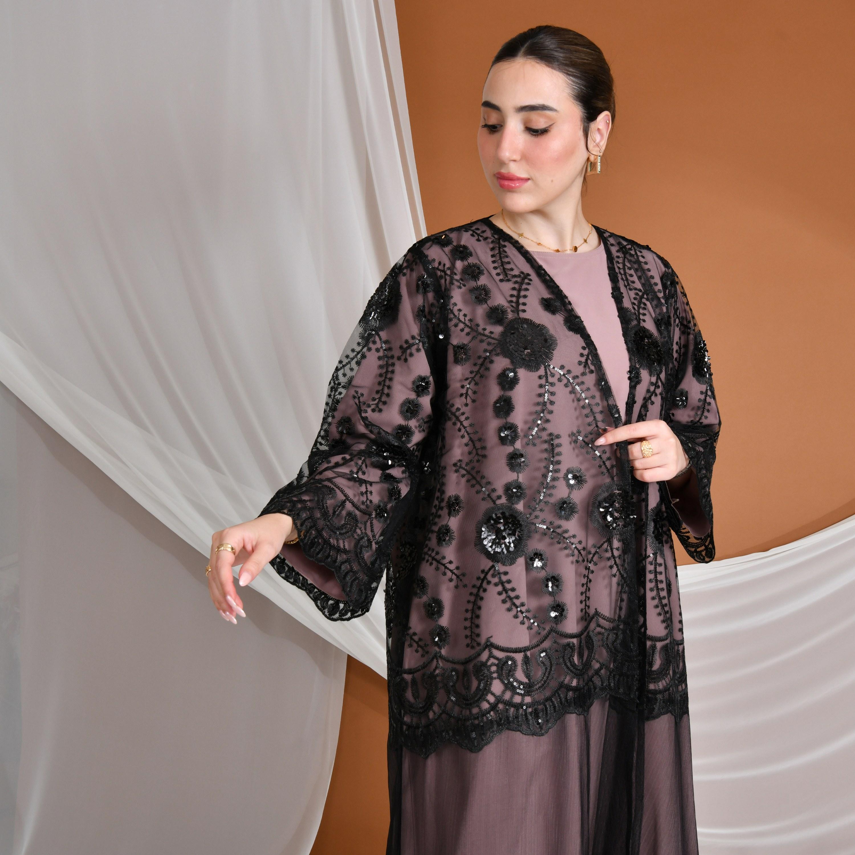 Hawraa Pink Embroidered Linen Women's Evening Abaya with Inner Dress-women-arabicclothing-abayas-image-5