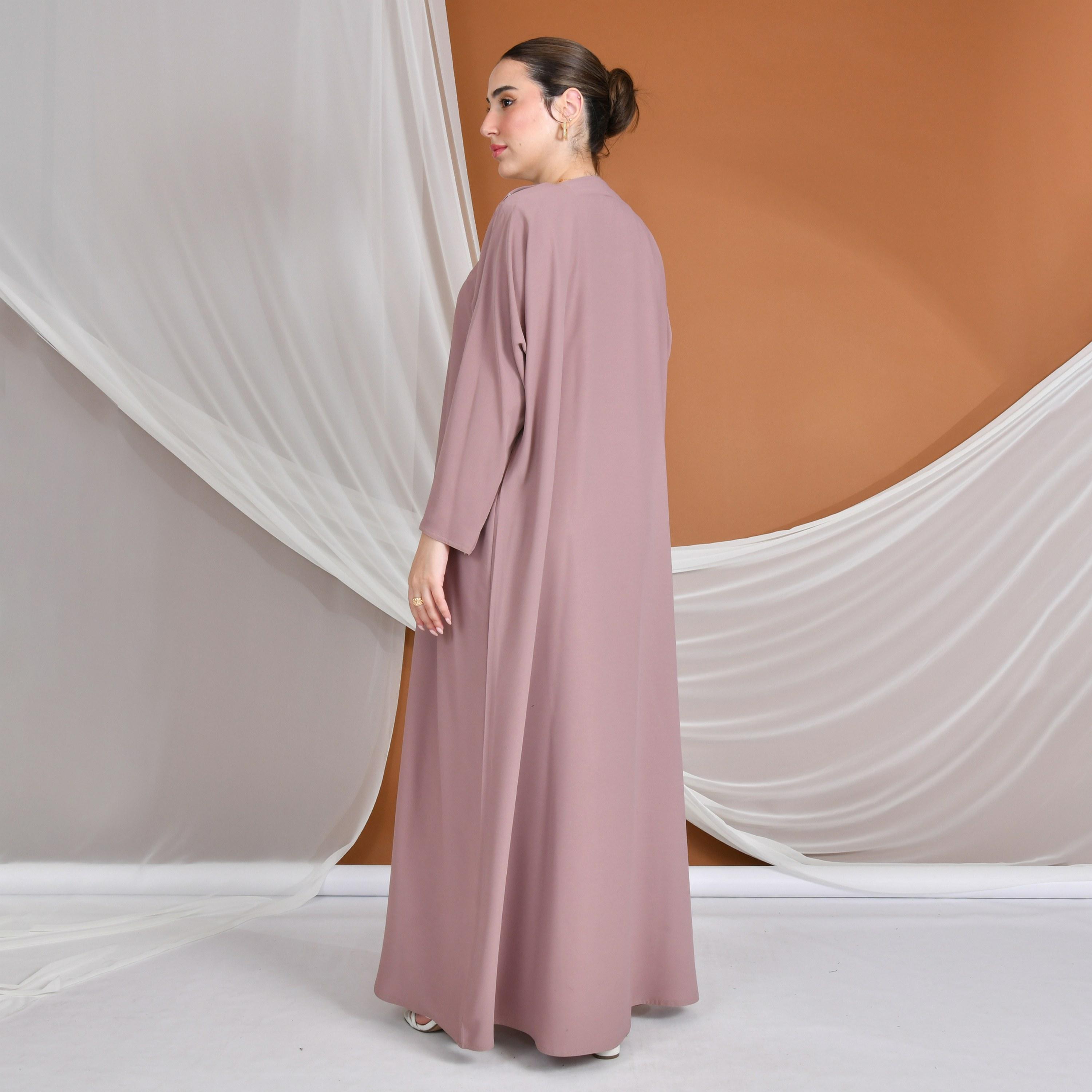 Hawraa Pink Embroidered Linen Women's Evening Abaya with Inner Dress-women-arabicclothing-abayas-image-6