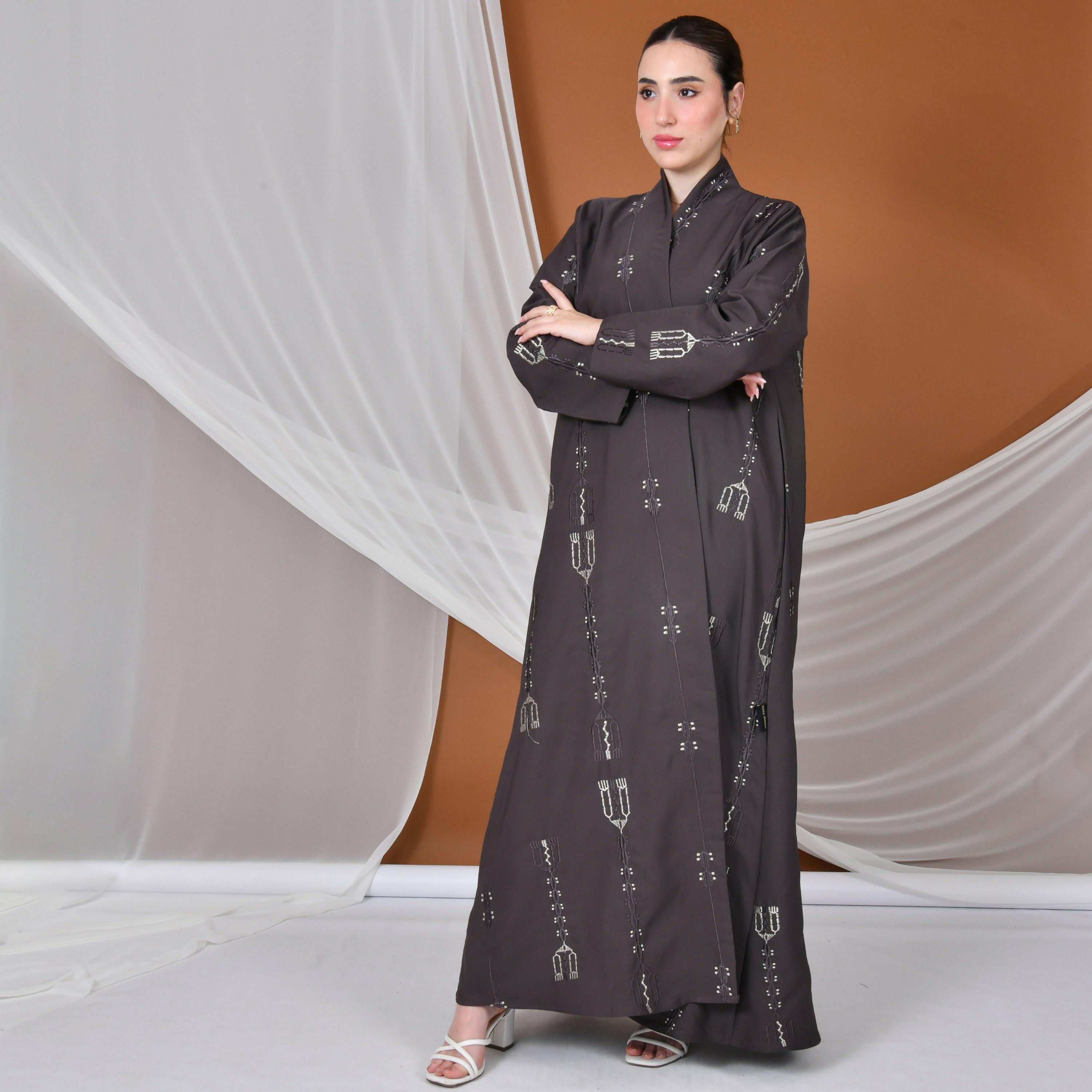 Hawraa All-Over Embroidered Linen Women's Abaya-women-arabicclothing-abayas-image-1