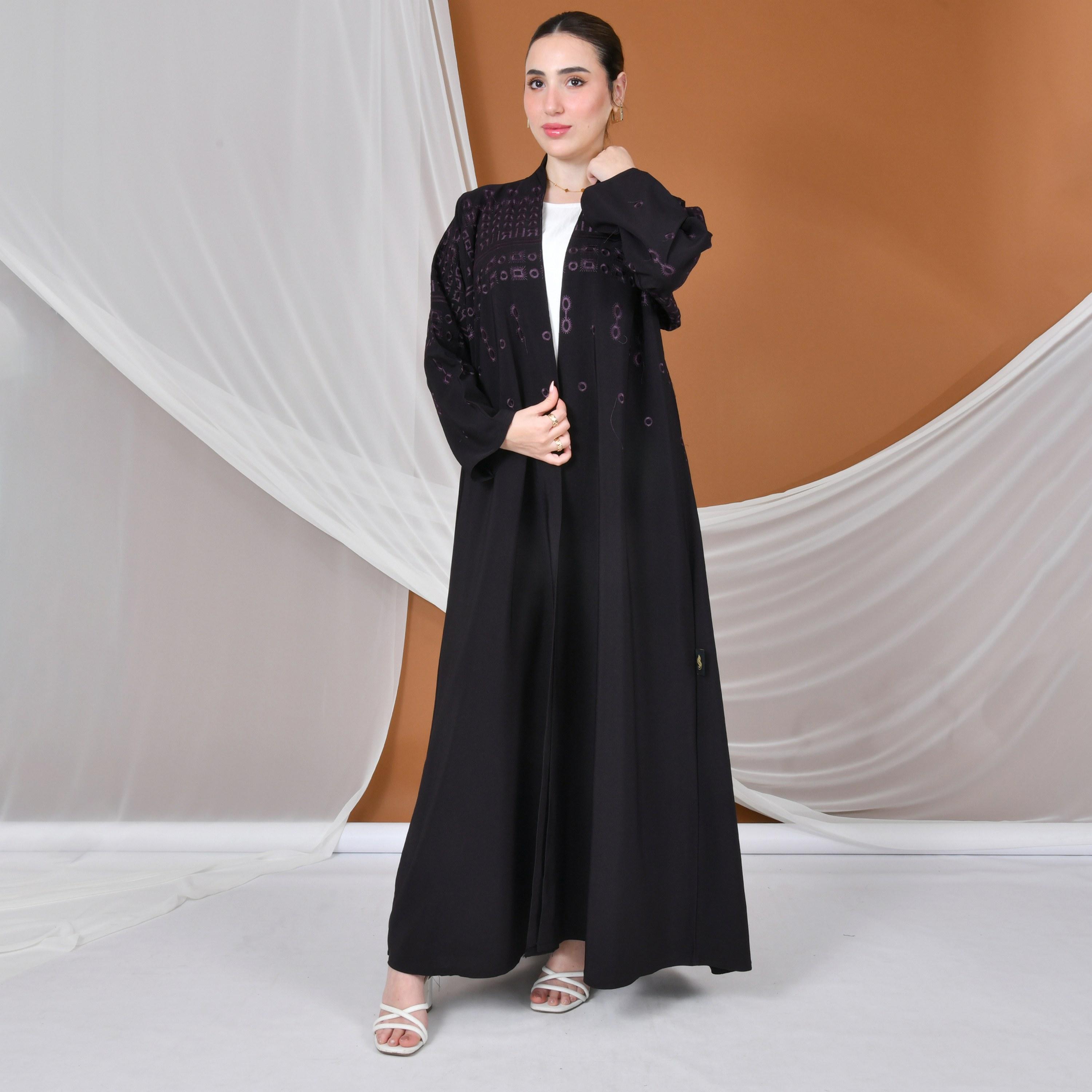 عباية نسائية من الكتان مطرزة باللون الأرجواني بقصة ربع كلوش من حوراء-women-arabicclothing-abayas-image-1