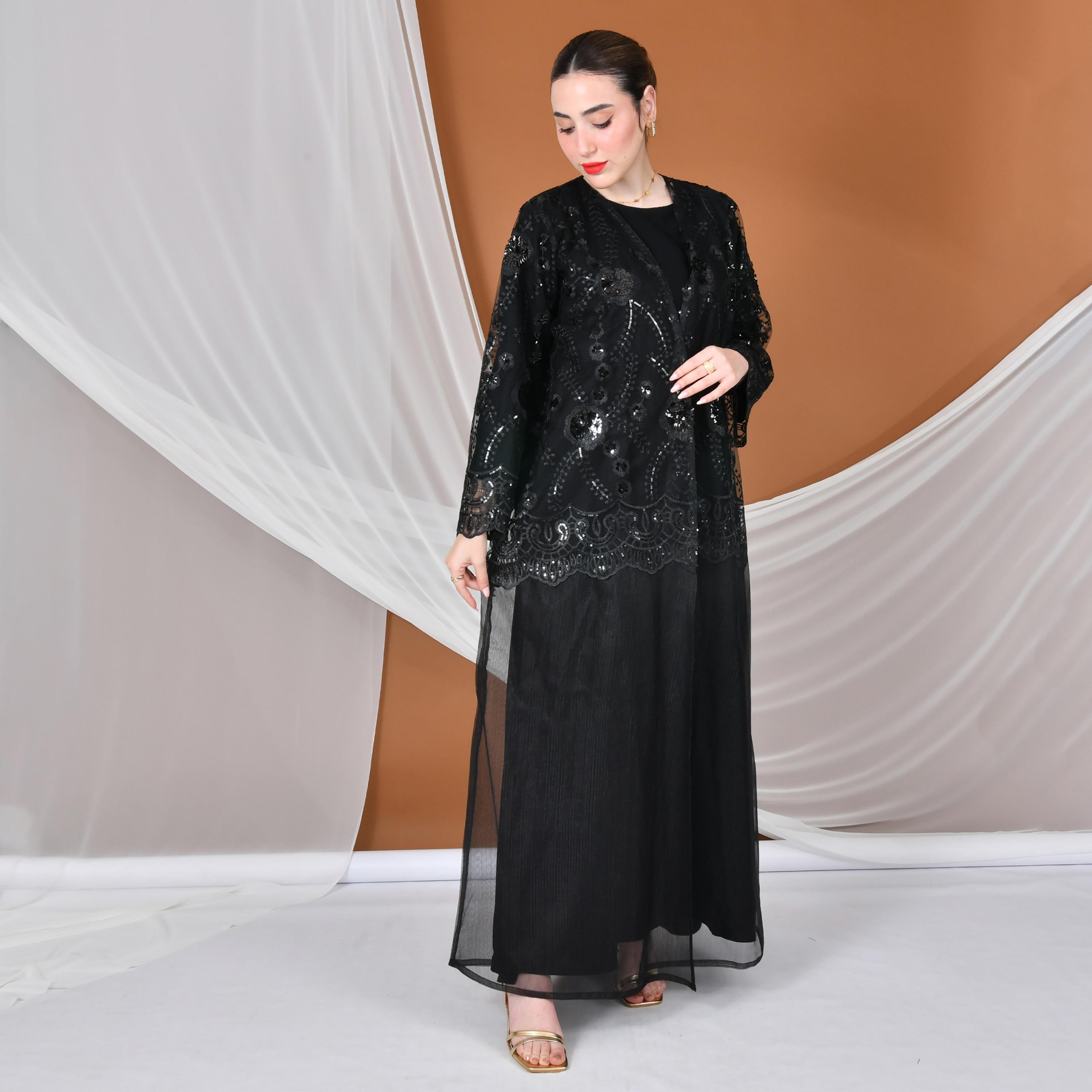 Hawraa Abaya Black Embroidered Round Neck Linen Women's Evening Flared Abaya with Overlay-women-arabicclothing-abayas-image-1