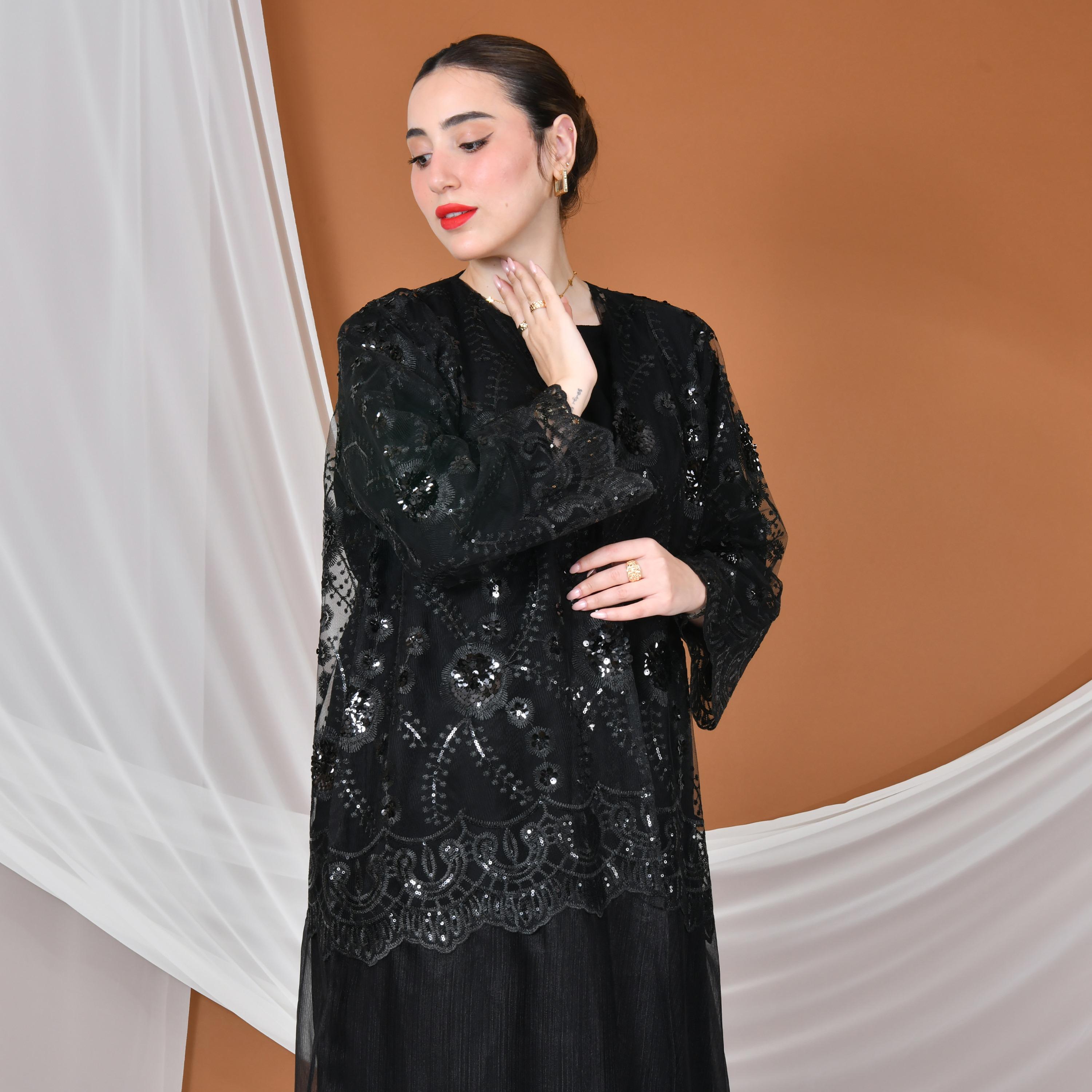 Hawraa Abaya Black Embroidered Round Neck Linen Women's Evening Flared Abaya with Overlay-women-arabicclothing-abayas-image-2