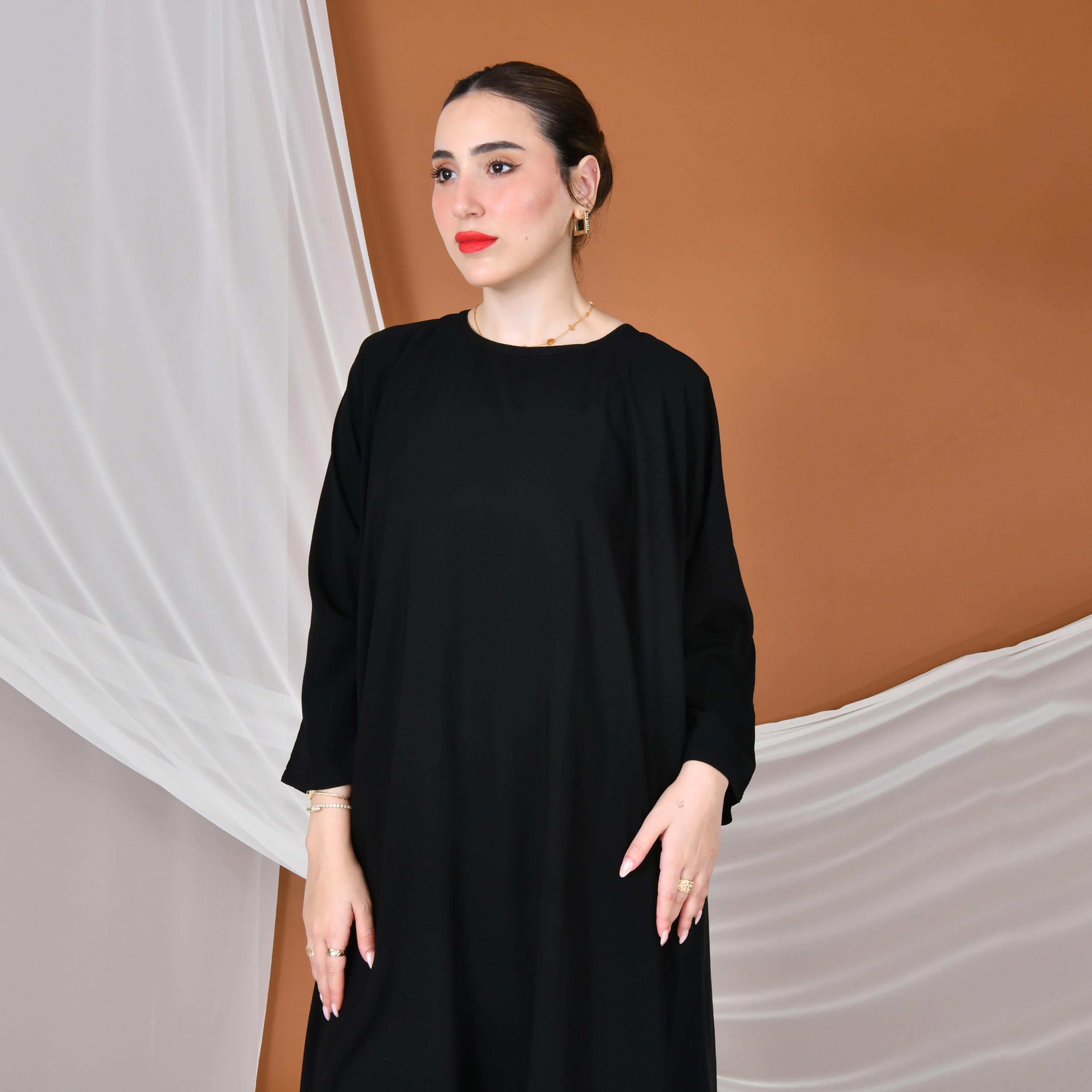 Hawraa Abaya Black Embroidered Round Neck Linen Women's Evening Flared Abaya with Overlay-women-arabicclothing-abayas-image-3