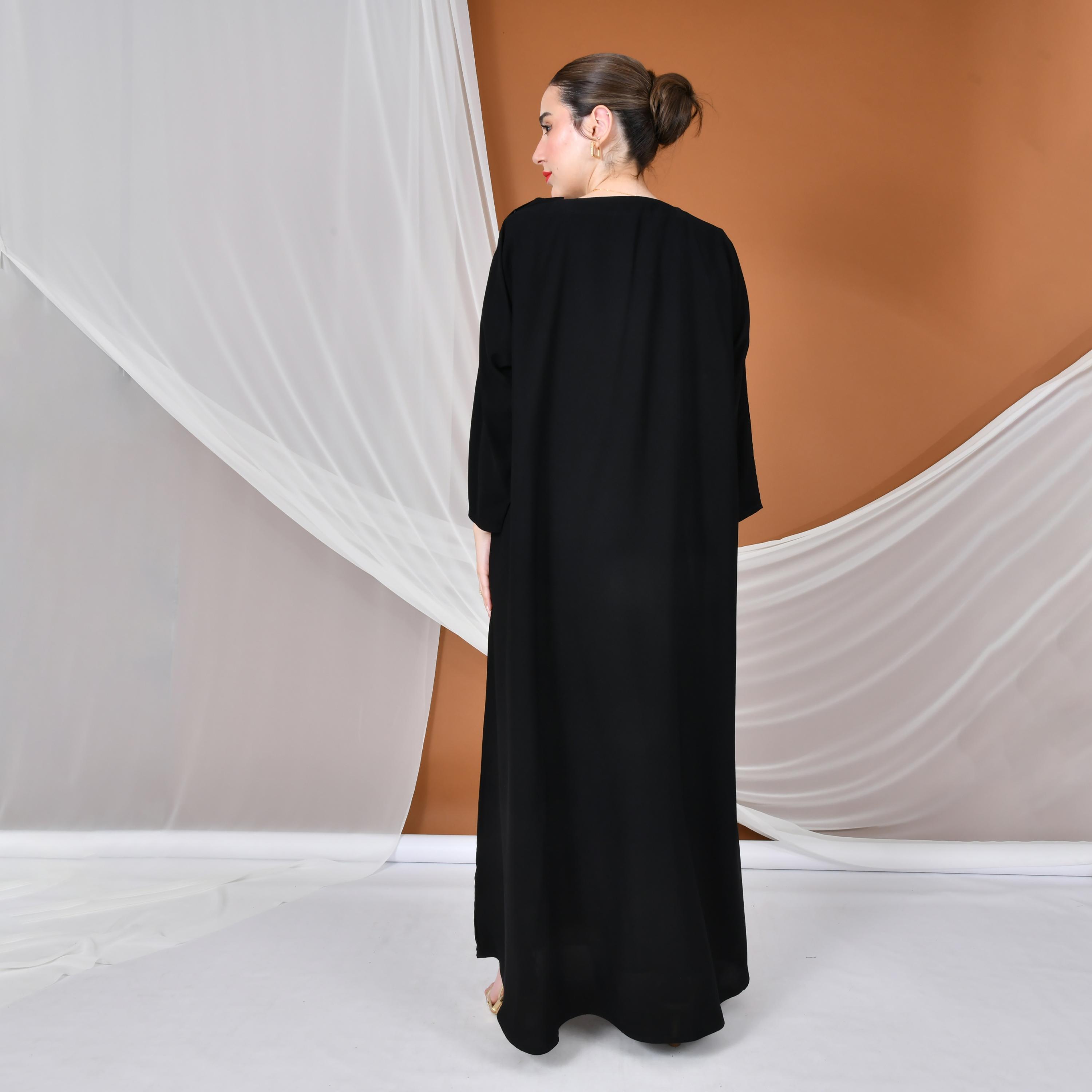 Hawraa Abaya Black Embroidered Round Neck Linen Women's Evening Flared Abaya with Overlay-women-arabicclothing-abayas-image-5