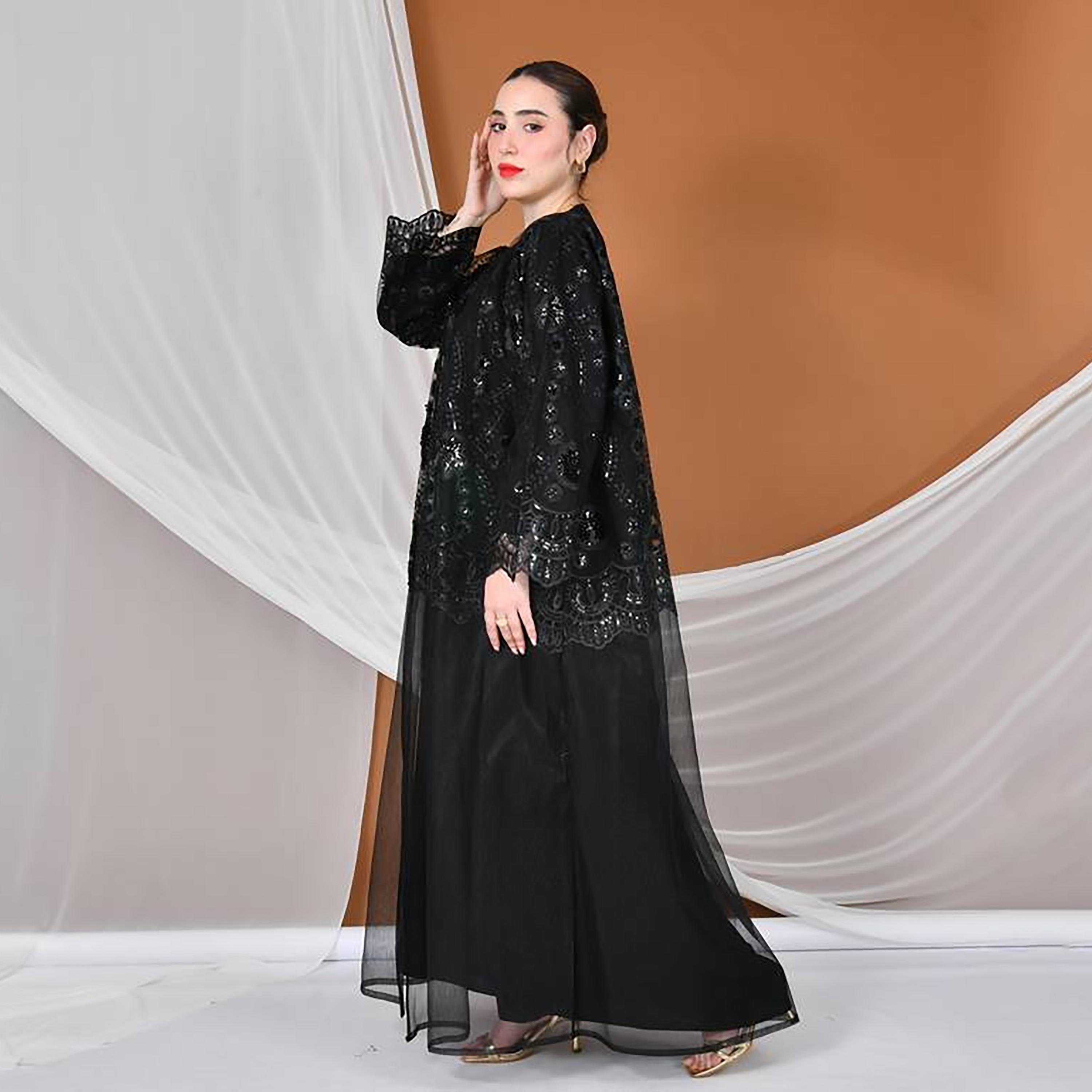 Hawraa Abaya Black Embroidered Round Neck Linen Women's Evening Flared Abaya with Overlay-women-arabicclothing-abayas-image-6