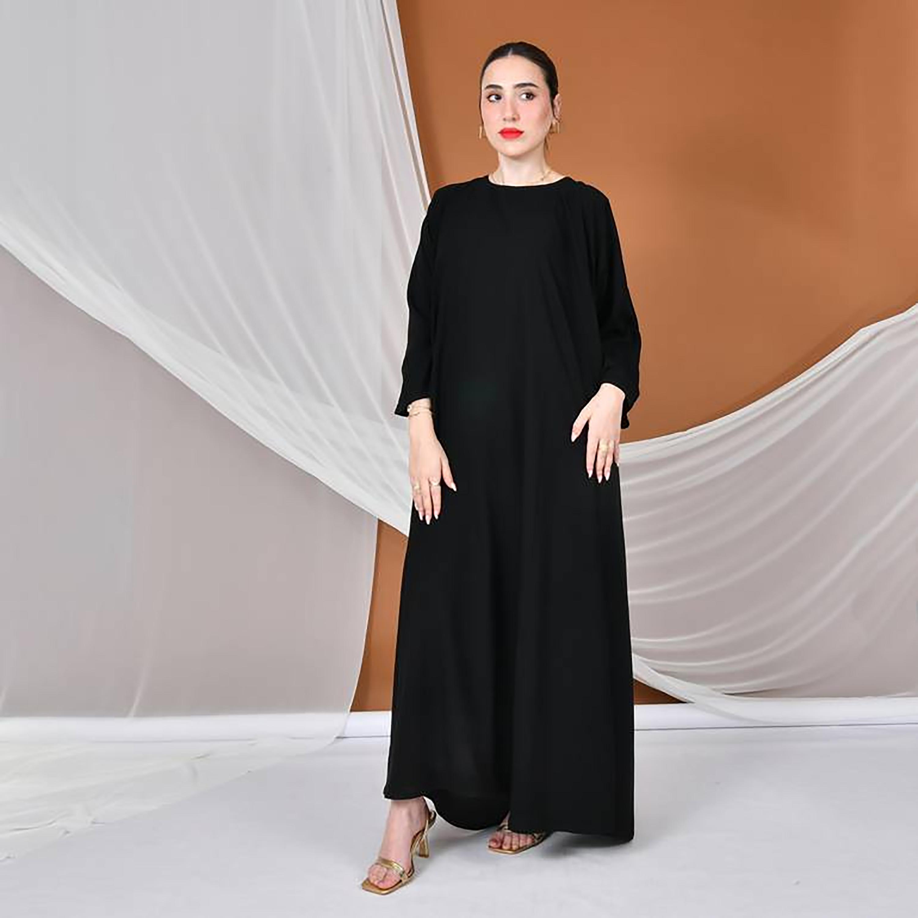 Hawraa Abaya Black Embroidered Round Neck Linen Women's Evening Flared Abaya with Overlay-women-arabicclothing-abayas-image-7