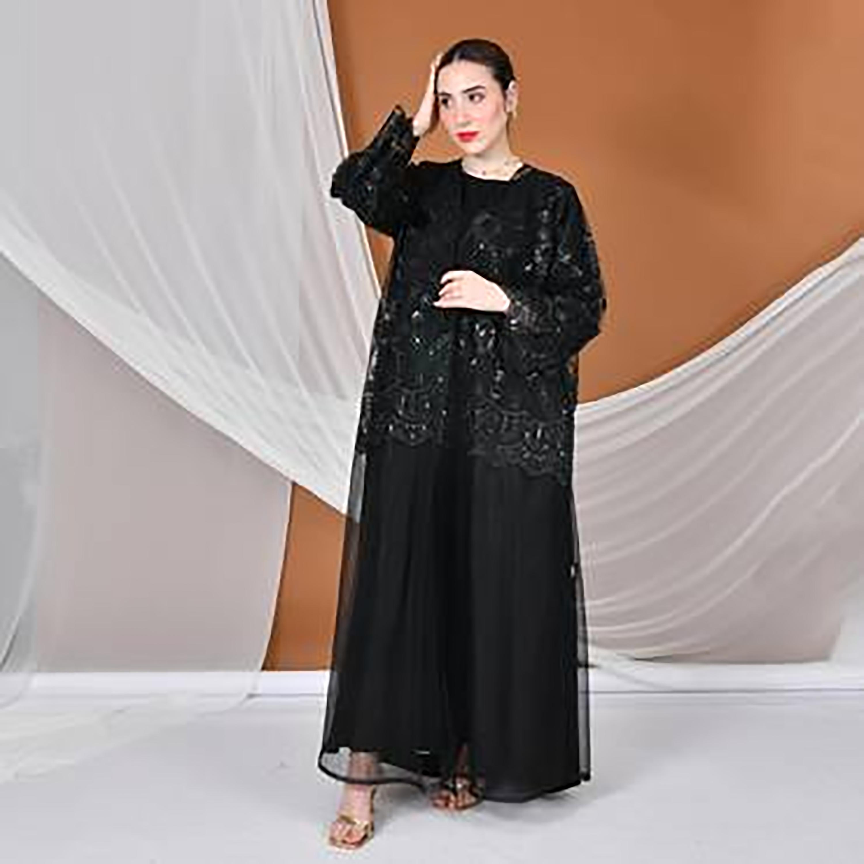 Hawraa Abaya Black Embroidered Round Neck Linen Women's Evening Flared Abaya with Overlay-women-arabicclothing-abayas-image-8
